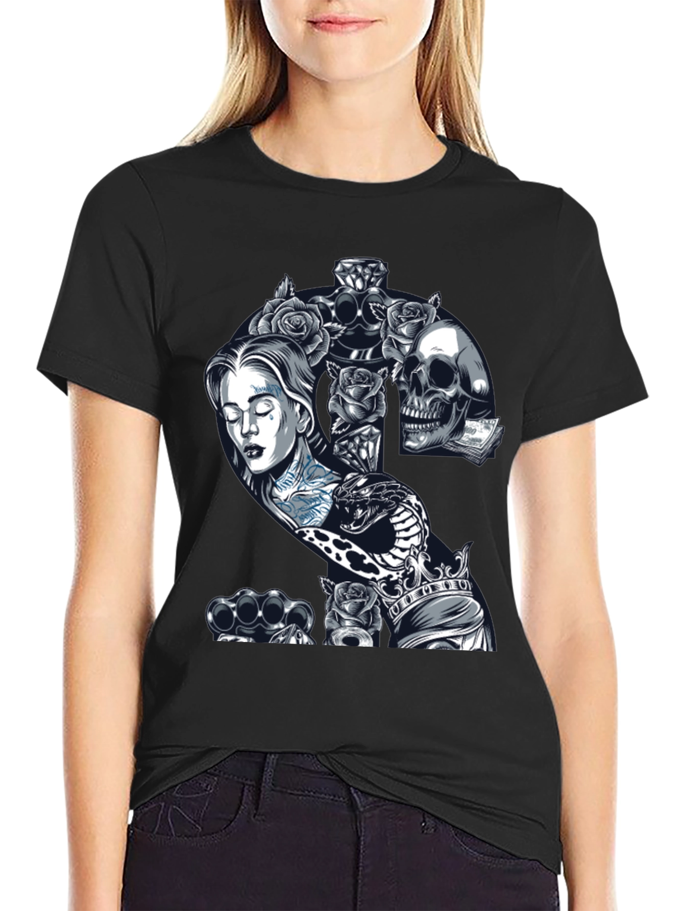 Edgy Tattoo Graphic T-Shirt - Black