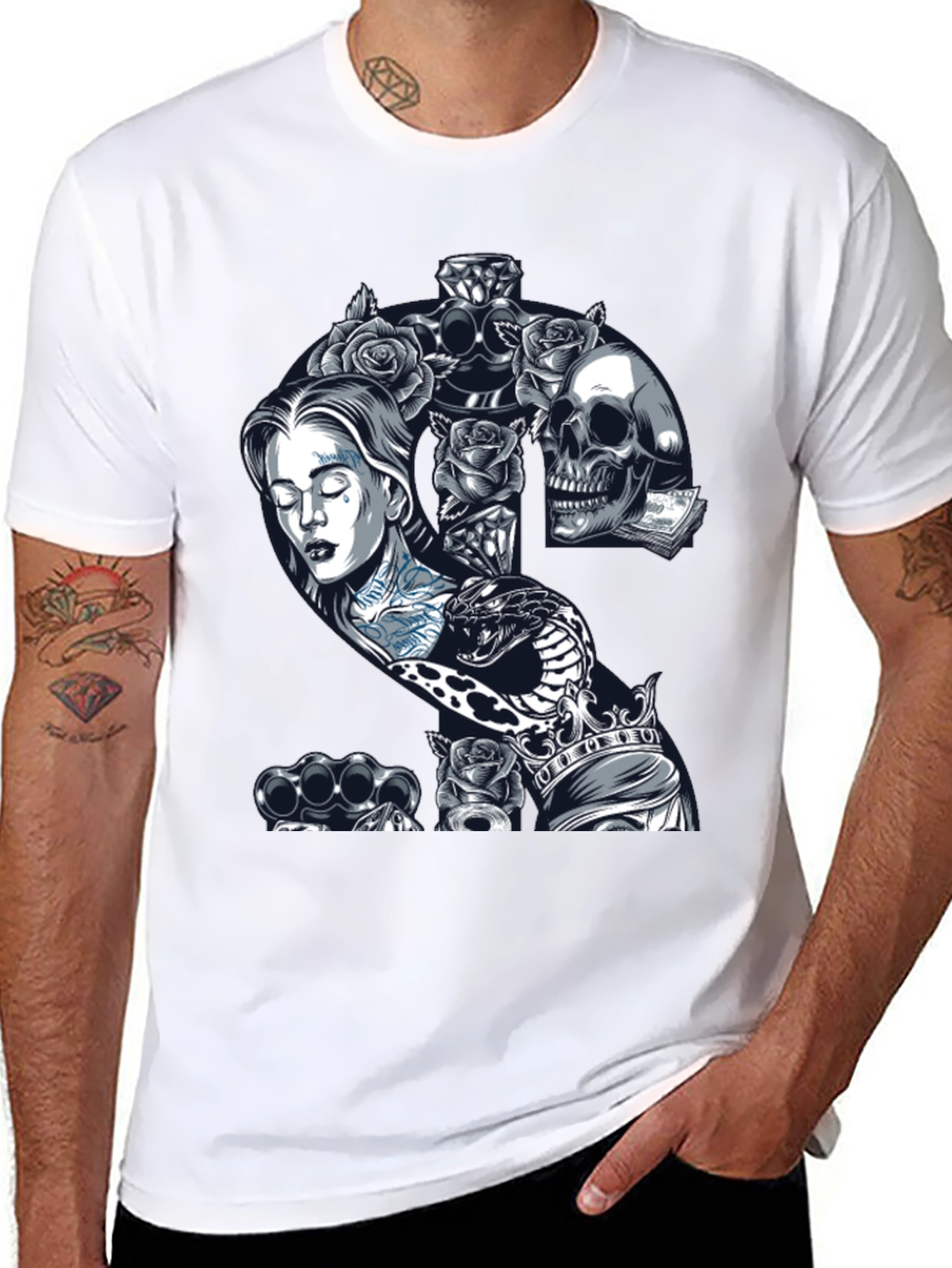 Edgy Tattoo Graphic T-Shirt - Black