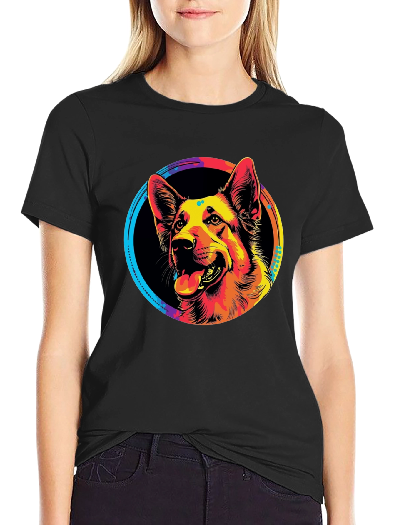 Vibrant German Shepherd Graphic Tee - Black