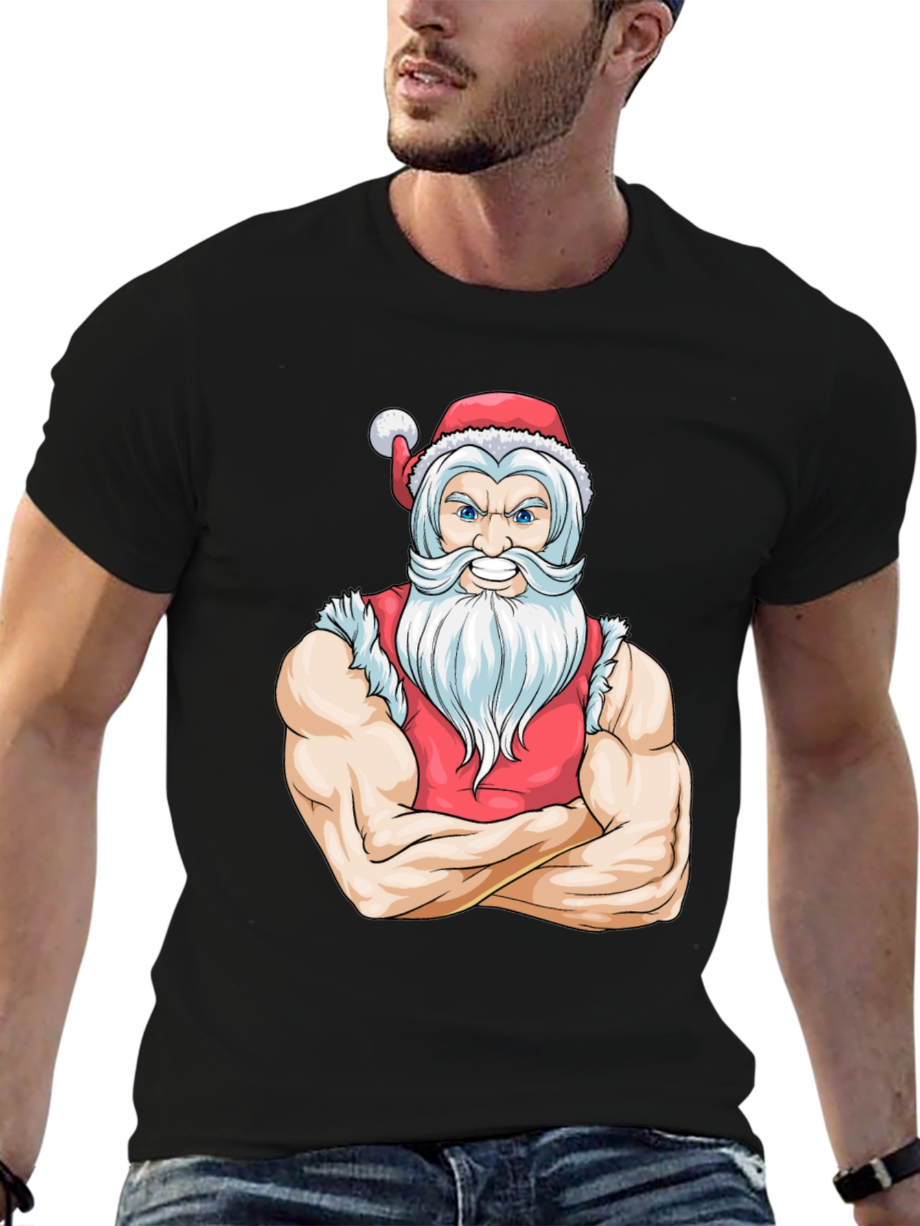 Muscular Santa Black T-Shirt - Holiday Gym Wear
