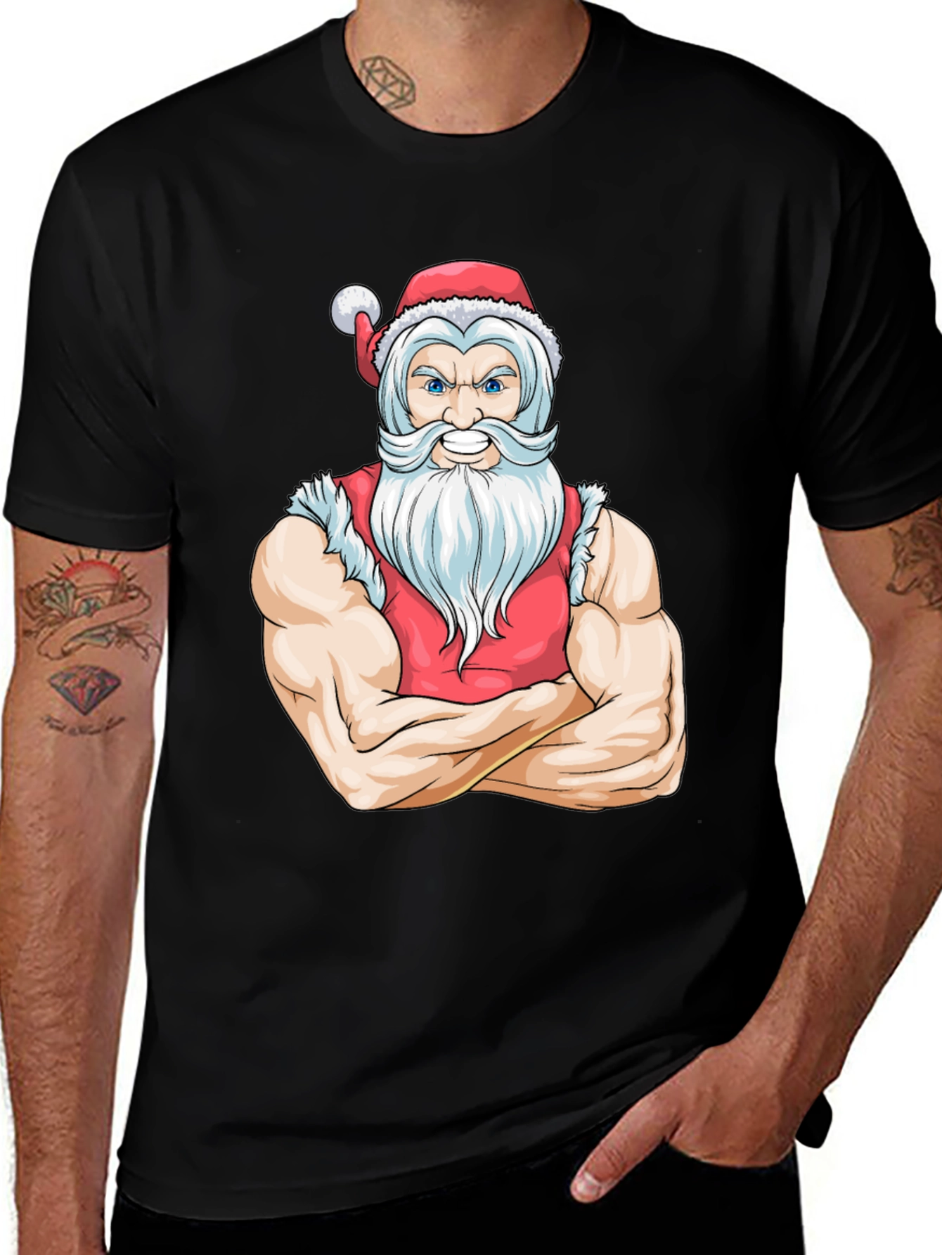 Muscular Santa Black T-Shirt - Holiday Gym Wear