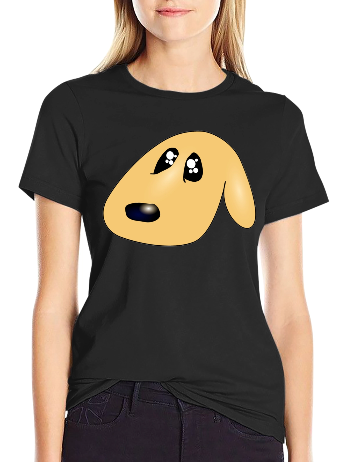 Cute Cartoon Dog Face Black T-Shirt