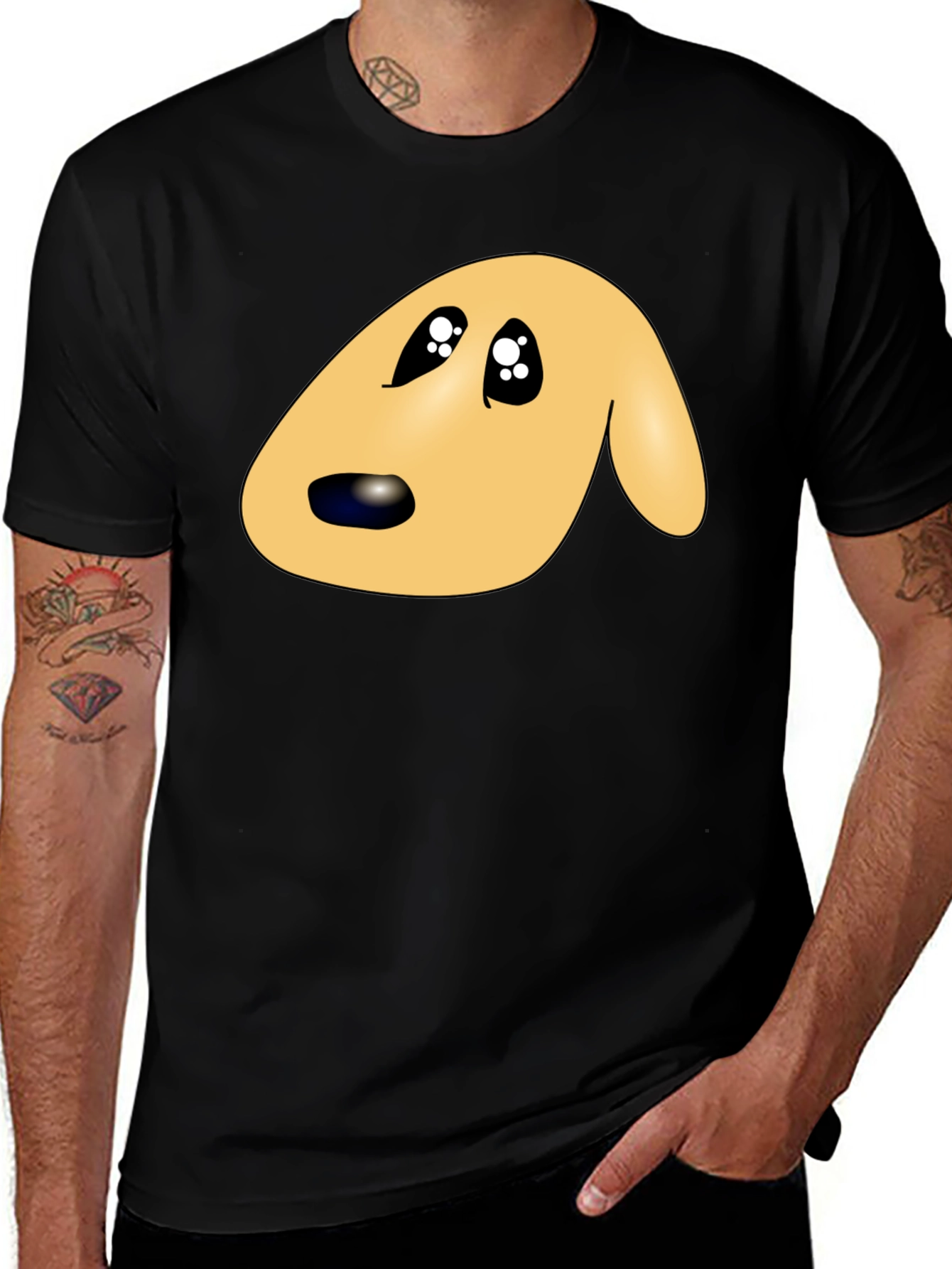 Cute Cartoon Dog Face Black T-Shirt