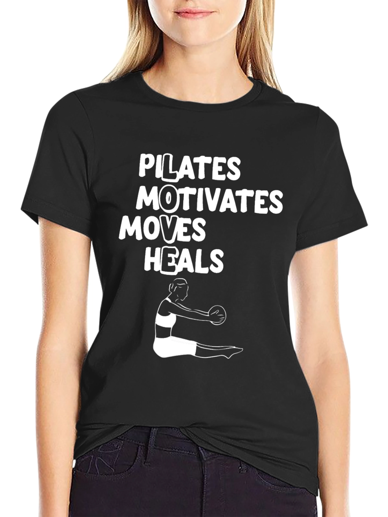 Pilates Motivates Moves Heals Black T-Shirt