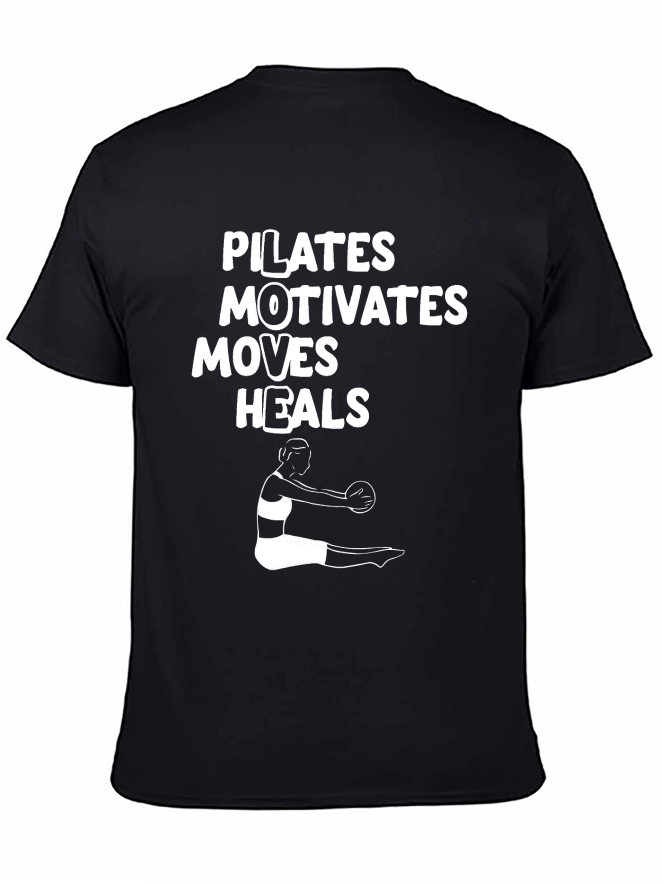 Pilates Motivates Moves Heals Black T-Shirt