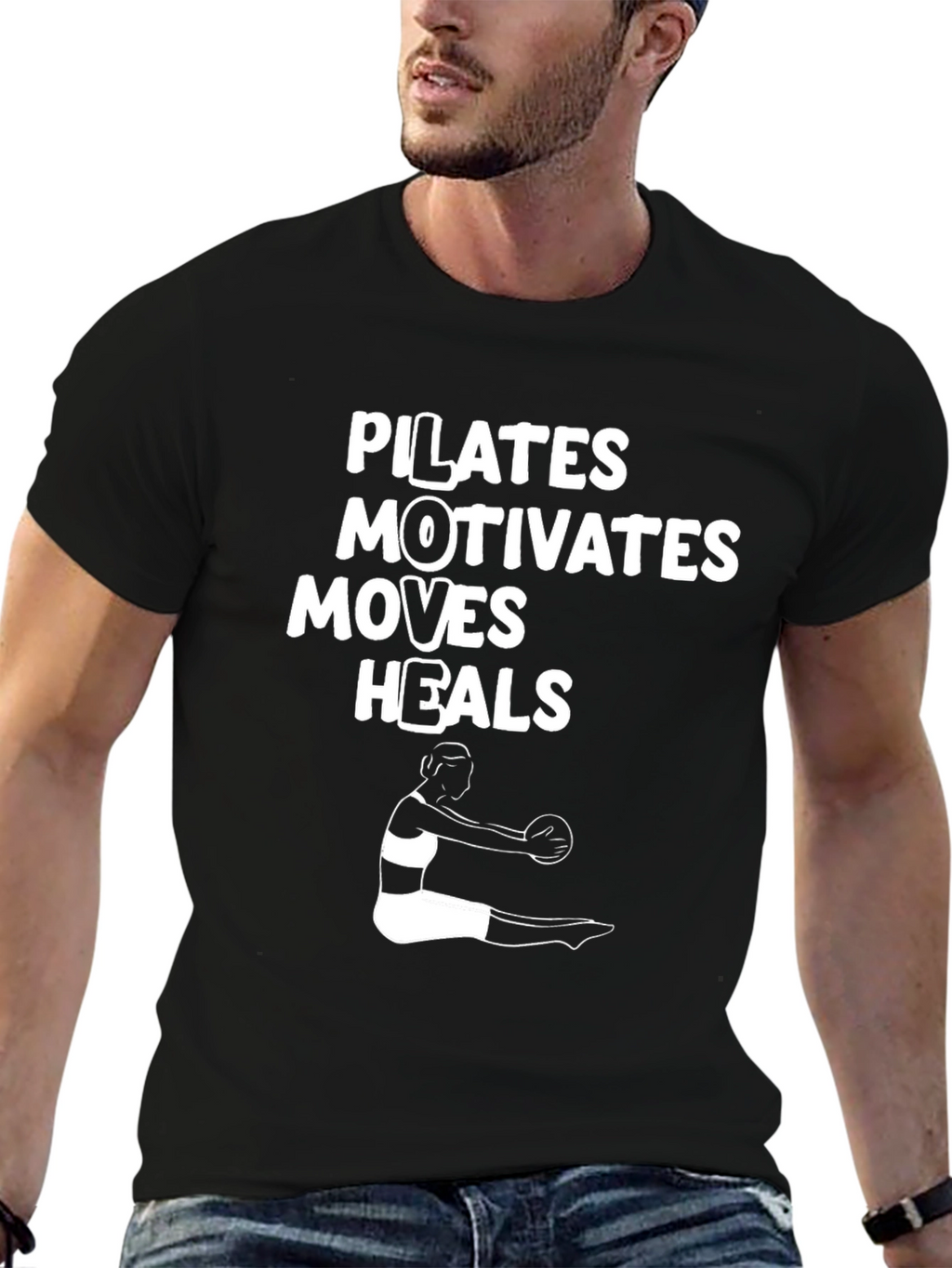 Pilates Motivates Moves Heals Black T-Shirt