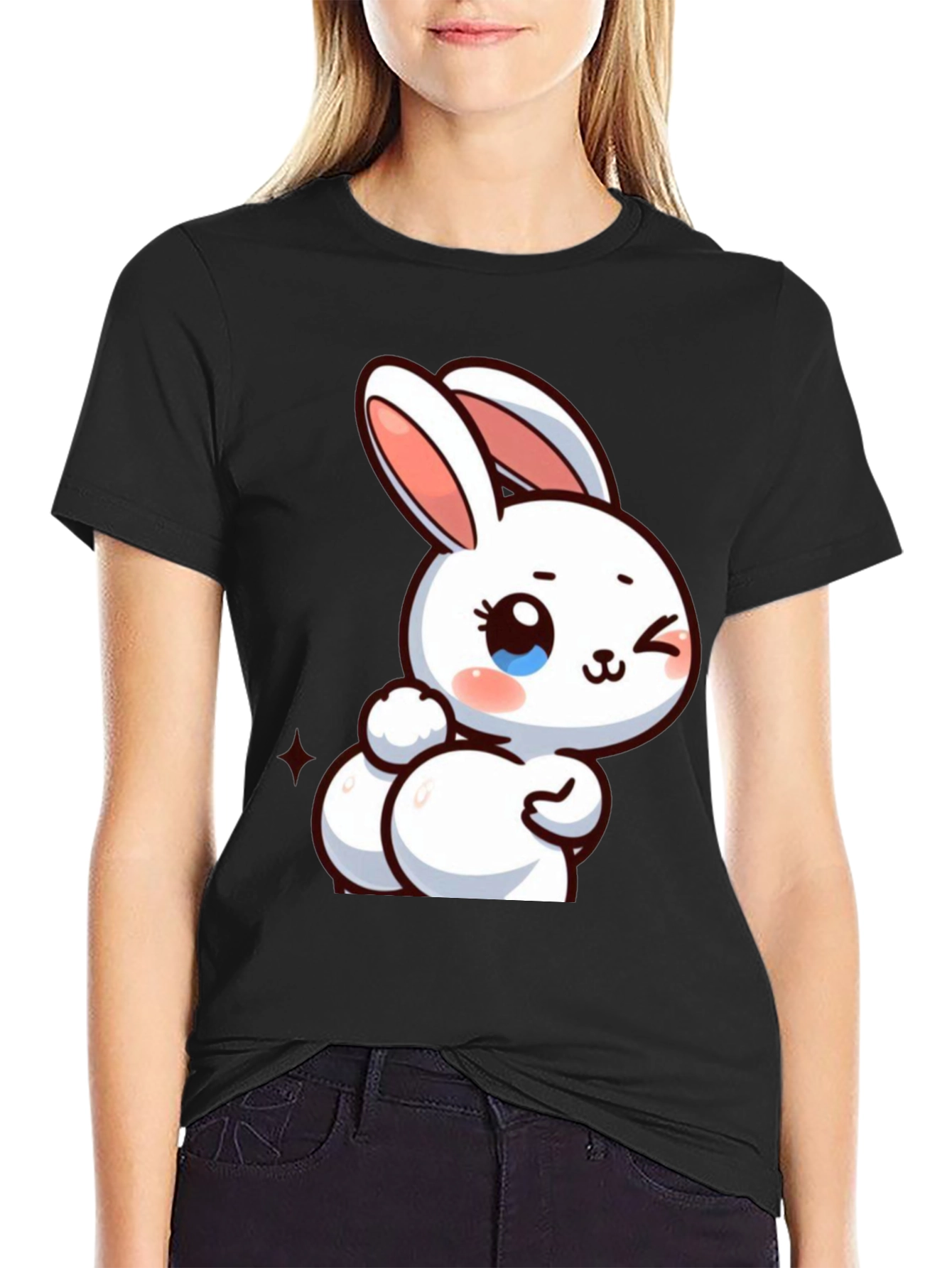 Cute Cartoon Bunny Graphic Tee - Black Cotton Comfort
