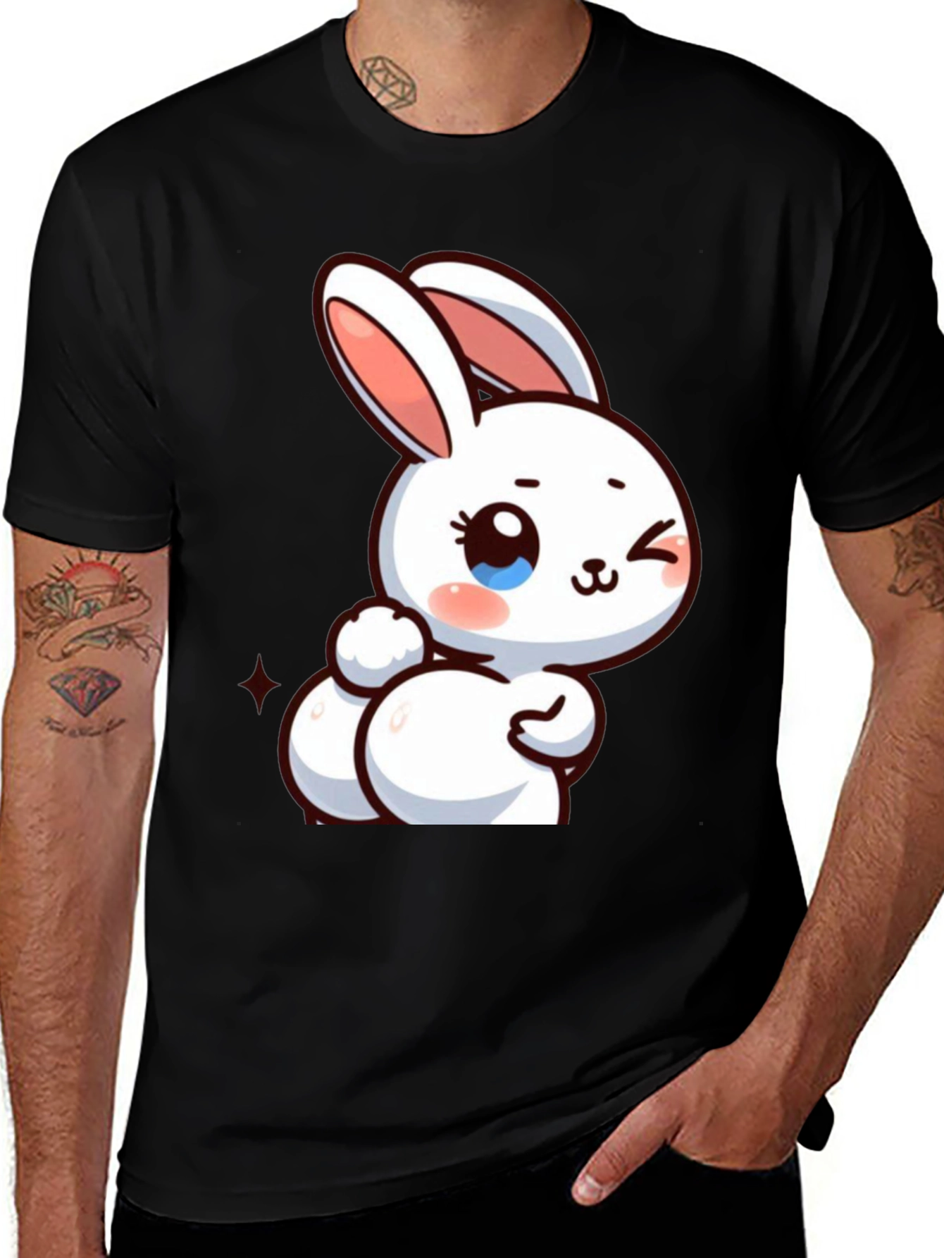 Cute Cartoon Bunny Graphic Tee - Black Cotton Comfort