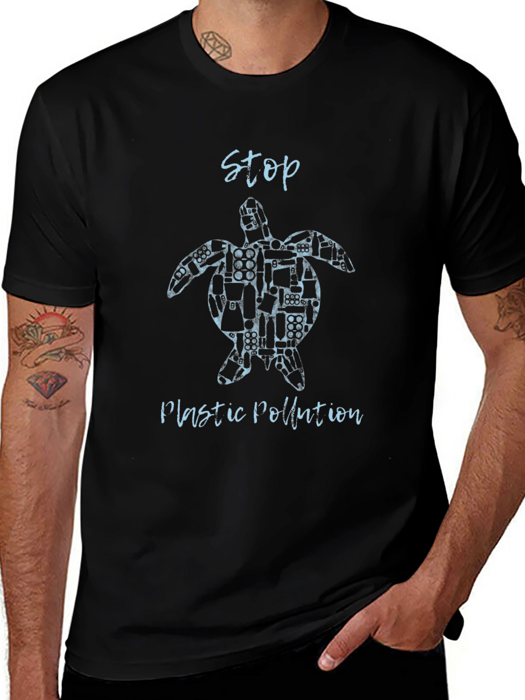 Stop Plastic Pollution Turtle Graphic Tee - Black