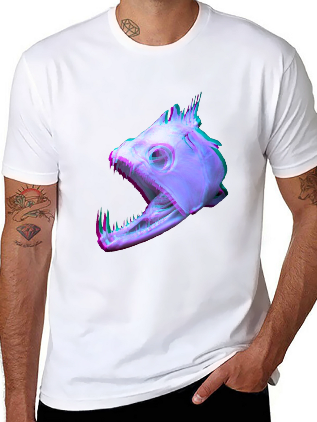 Unique Fish Skull Graphic Print Black T-Shirt