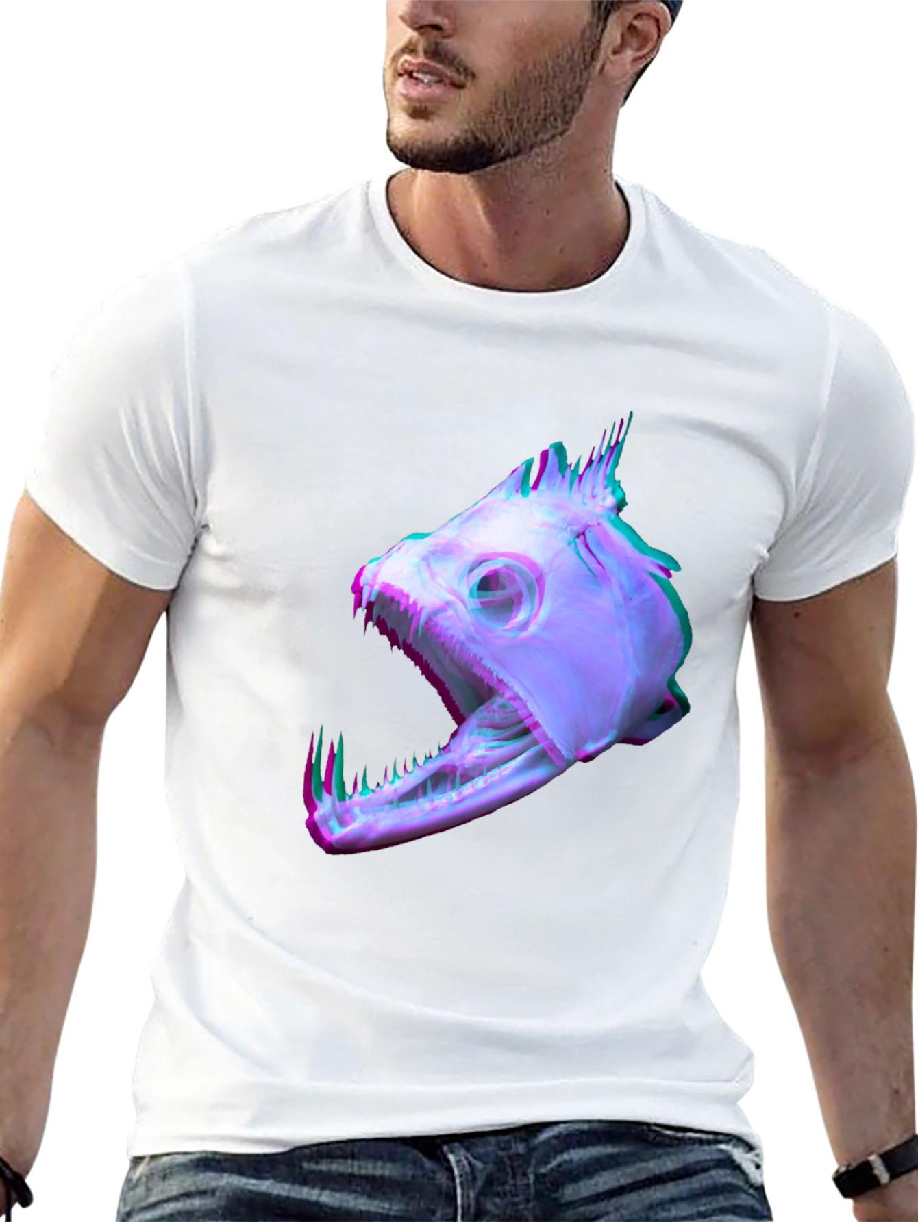 Unique Fish Skull Graphic Print Black T-Shirt