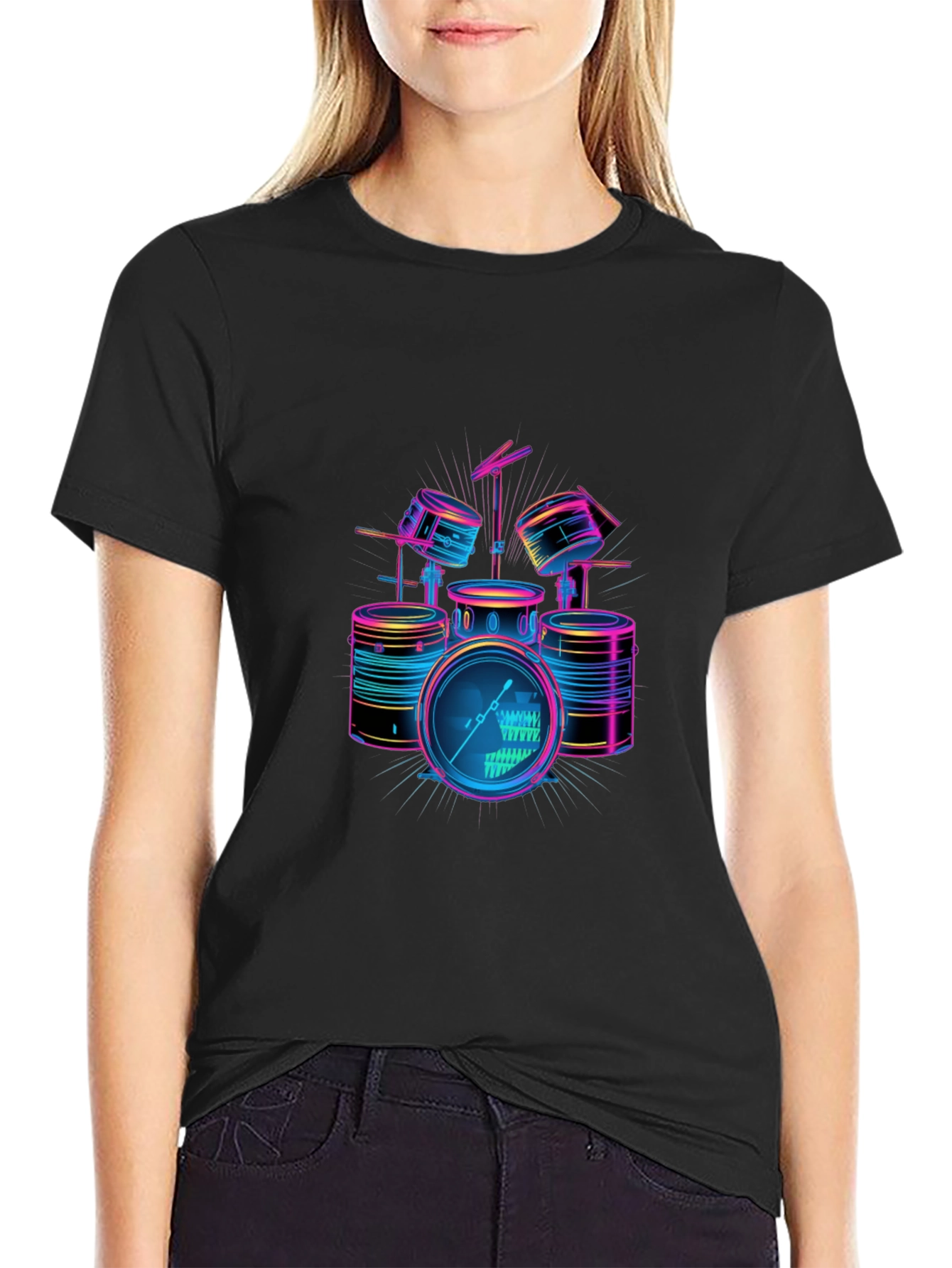 Neon Drum Set Graphic Black T-Shirt