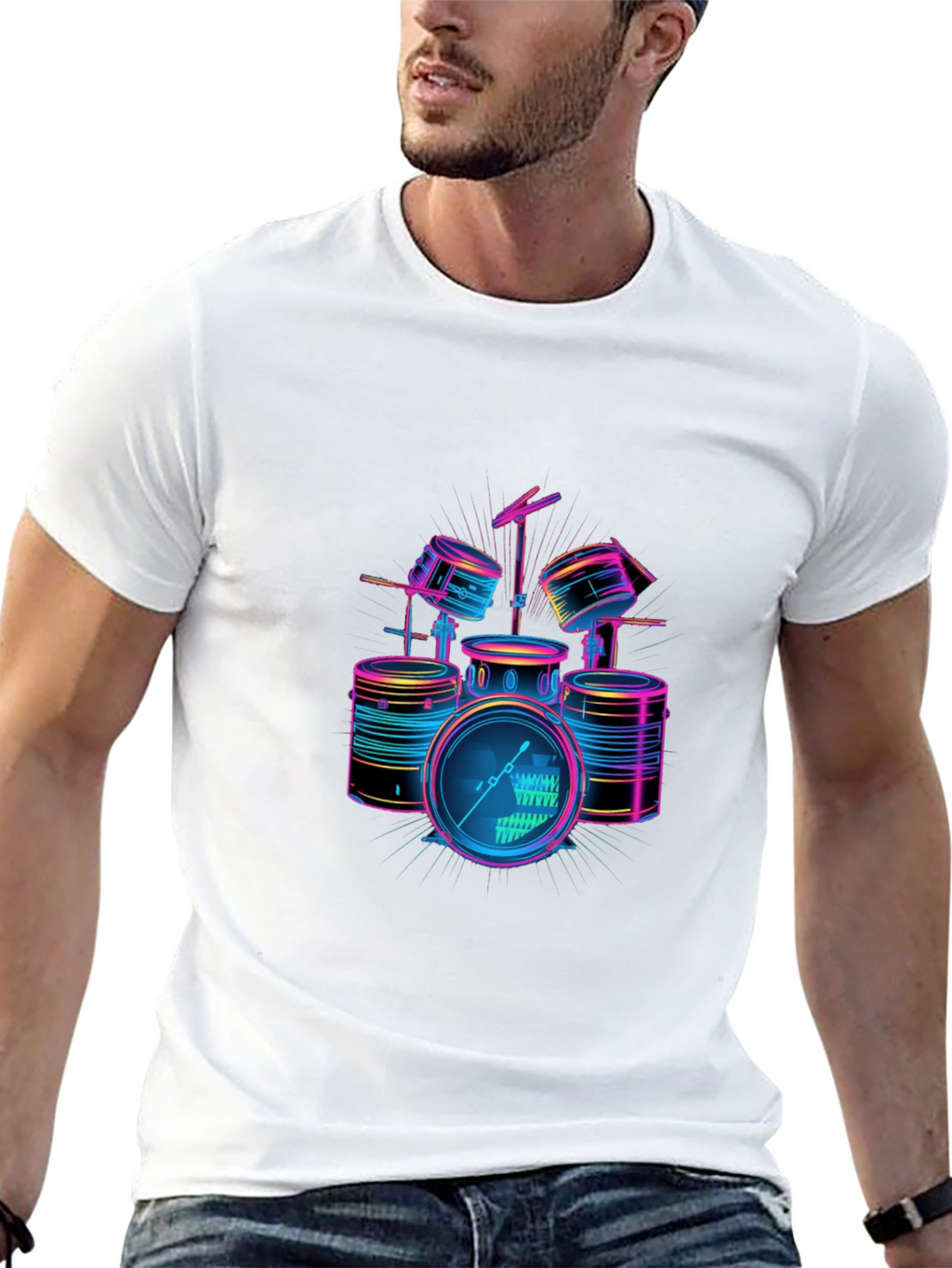Neon Drum Set Graphic Black T-Shirt