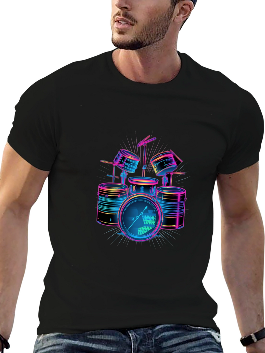 Neon Drum Set Graphic Black T-Shirt