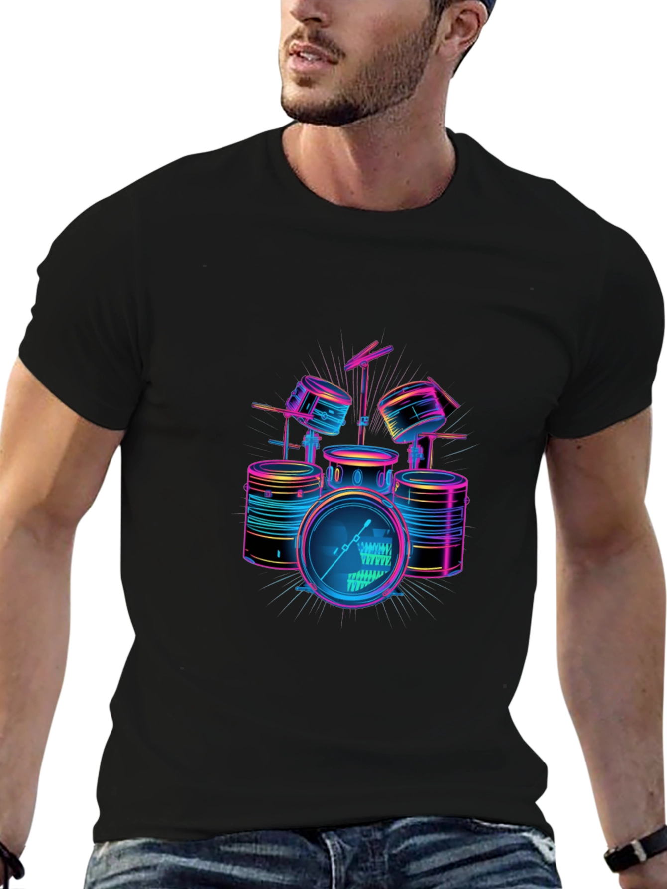 Neon Drum Set Graphic Black T-Shirt