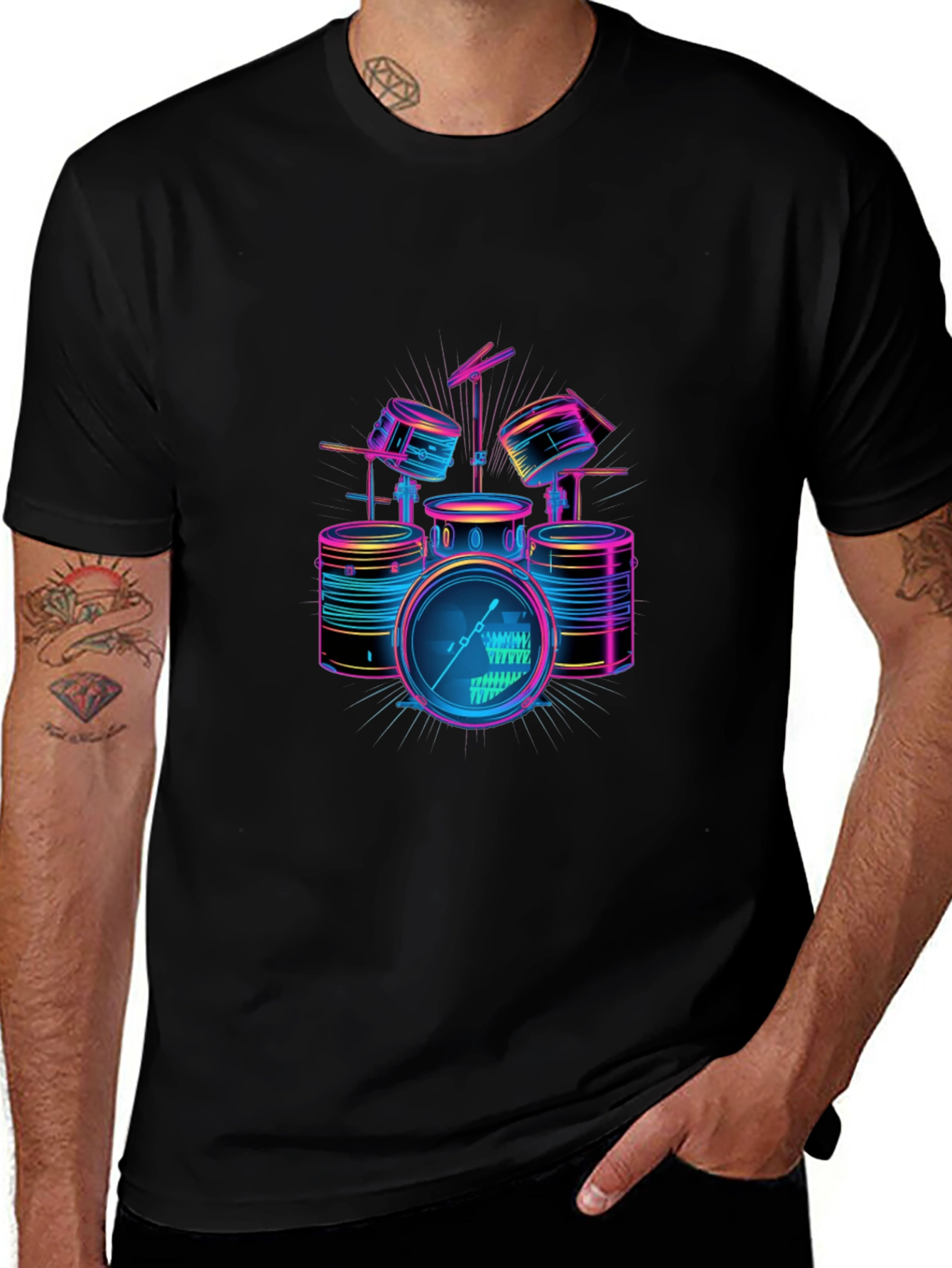 Neon Drum Set Graphic Black T-Shirt