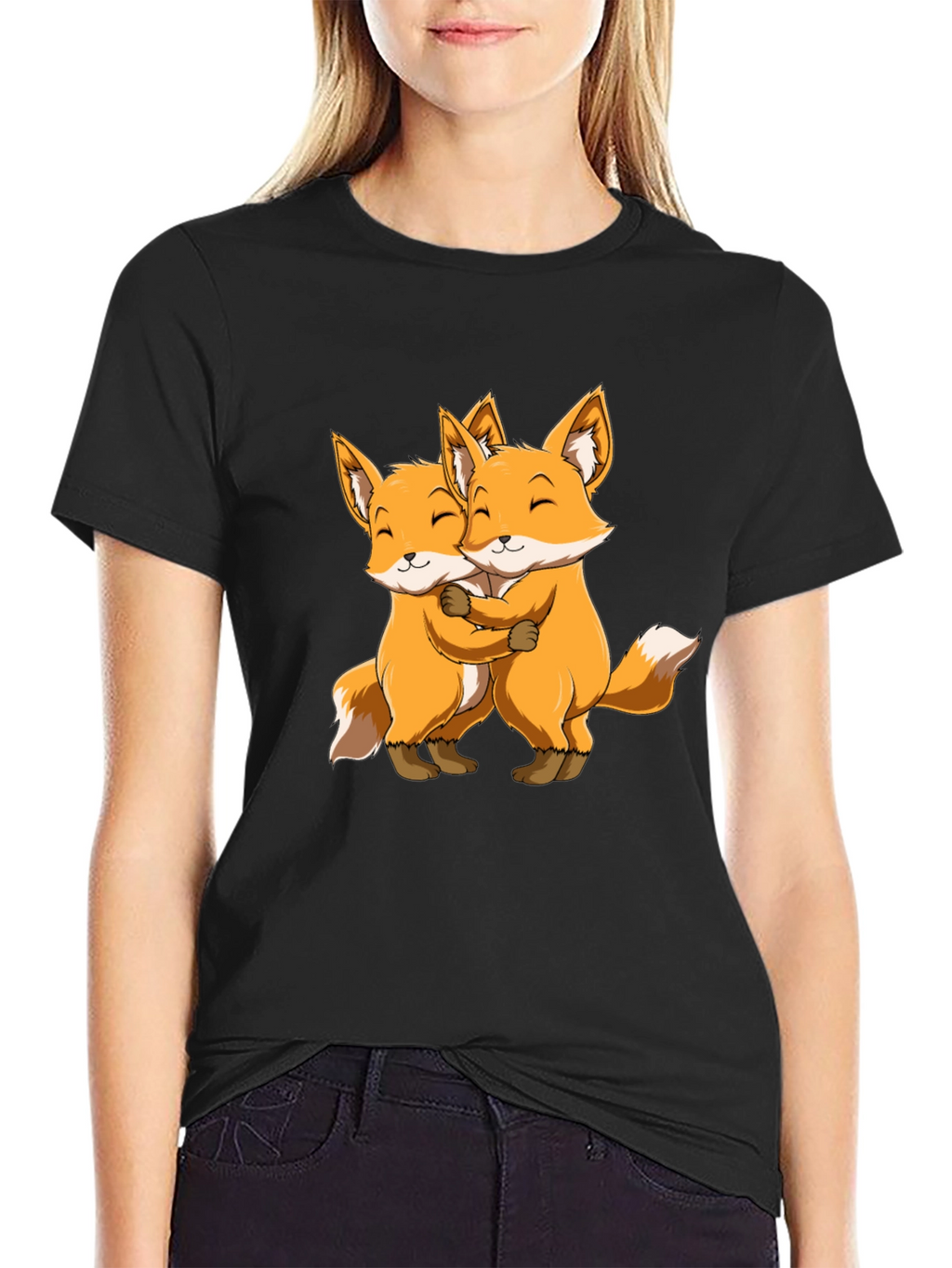 Cute Foxes Hug Black T-Shirt