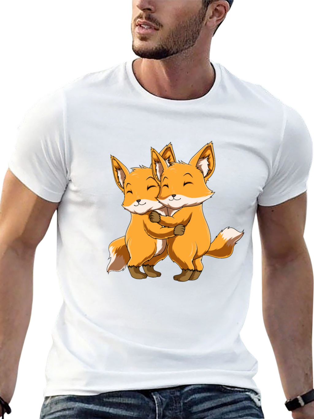 Cute Foxes Hug Black T-Shirt