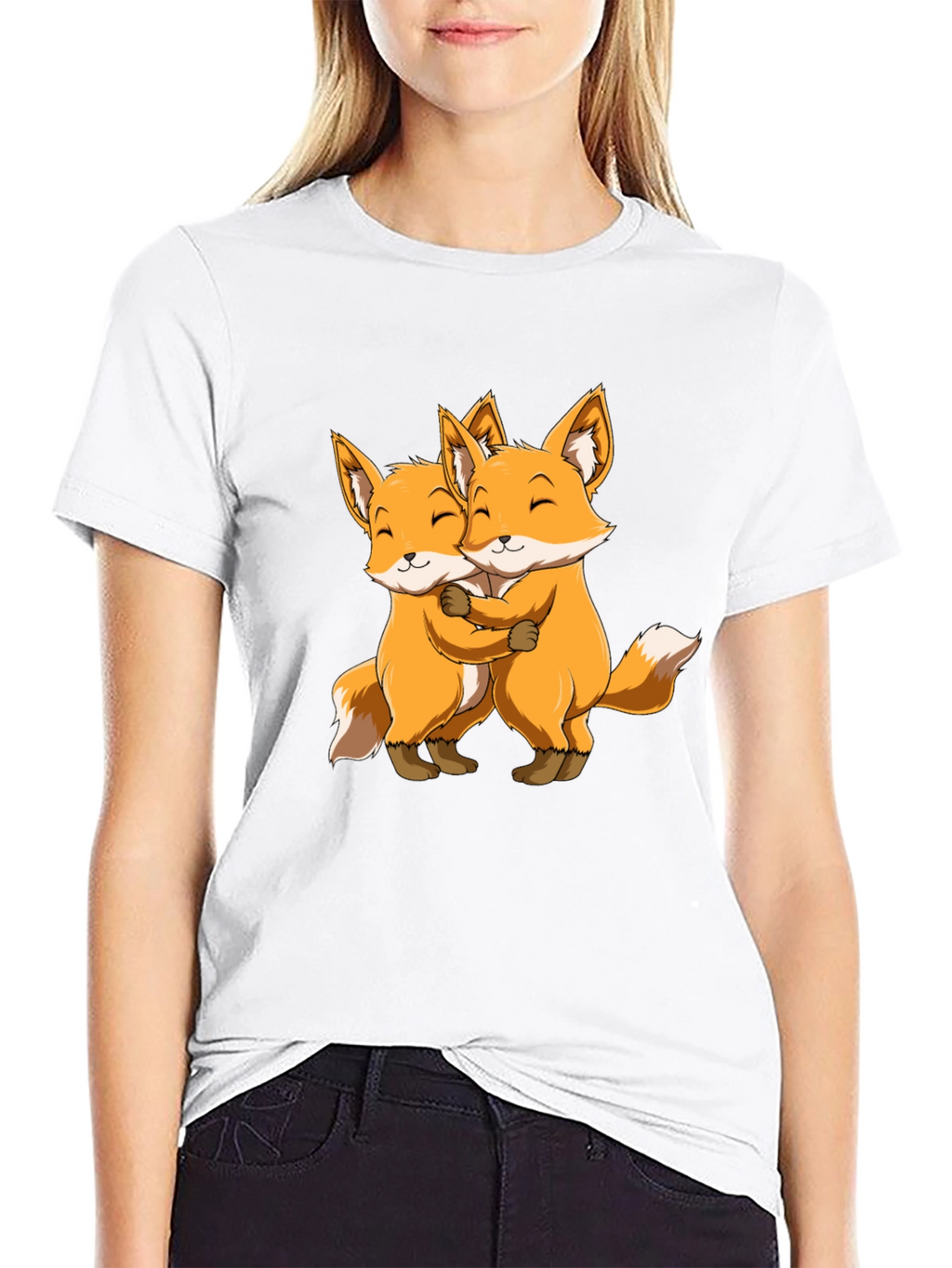 Cute Foxes Hug Black T-Shirt