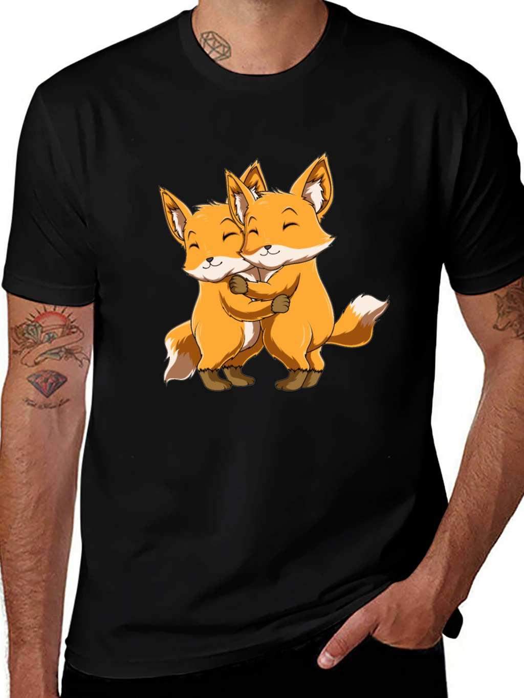 Cute Foxes Hug Black T-Shirt
