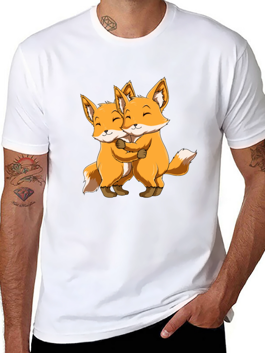 Cute Foxes Hug Black T-Shirt