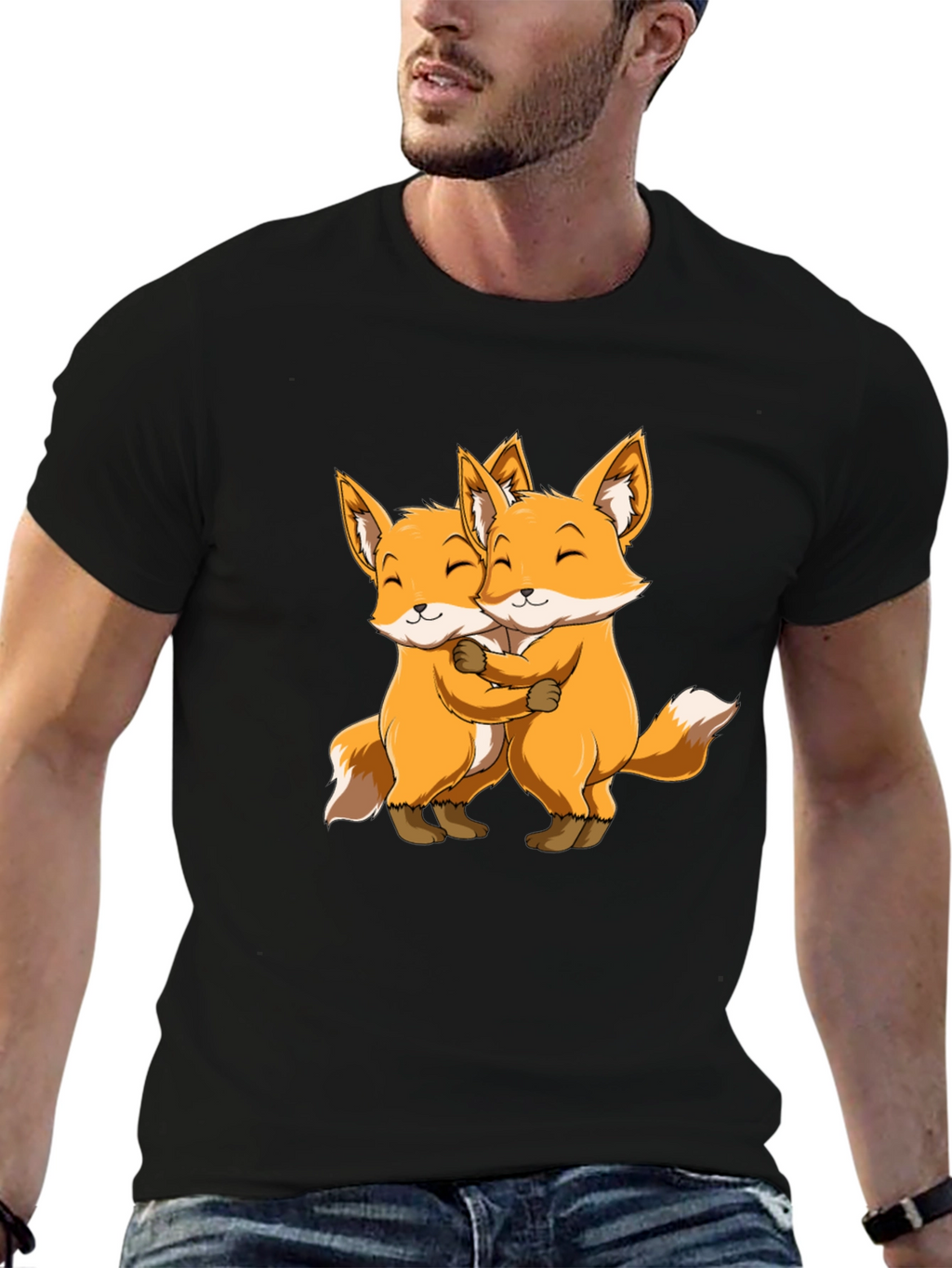Cute Foxes Hug Black T-Shirt