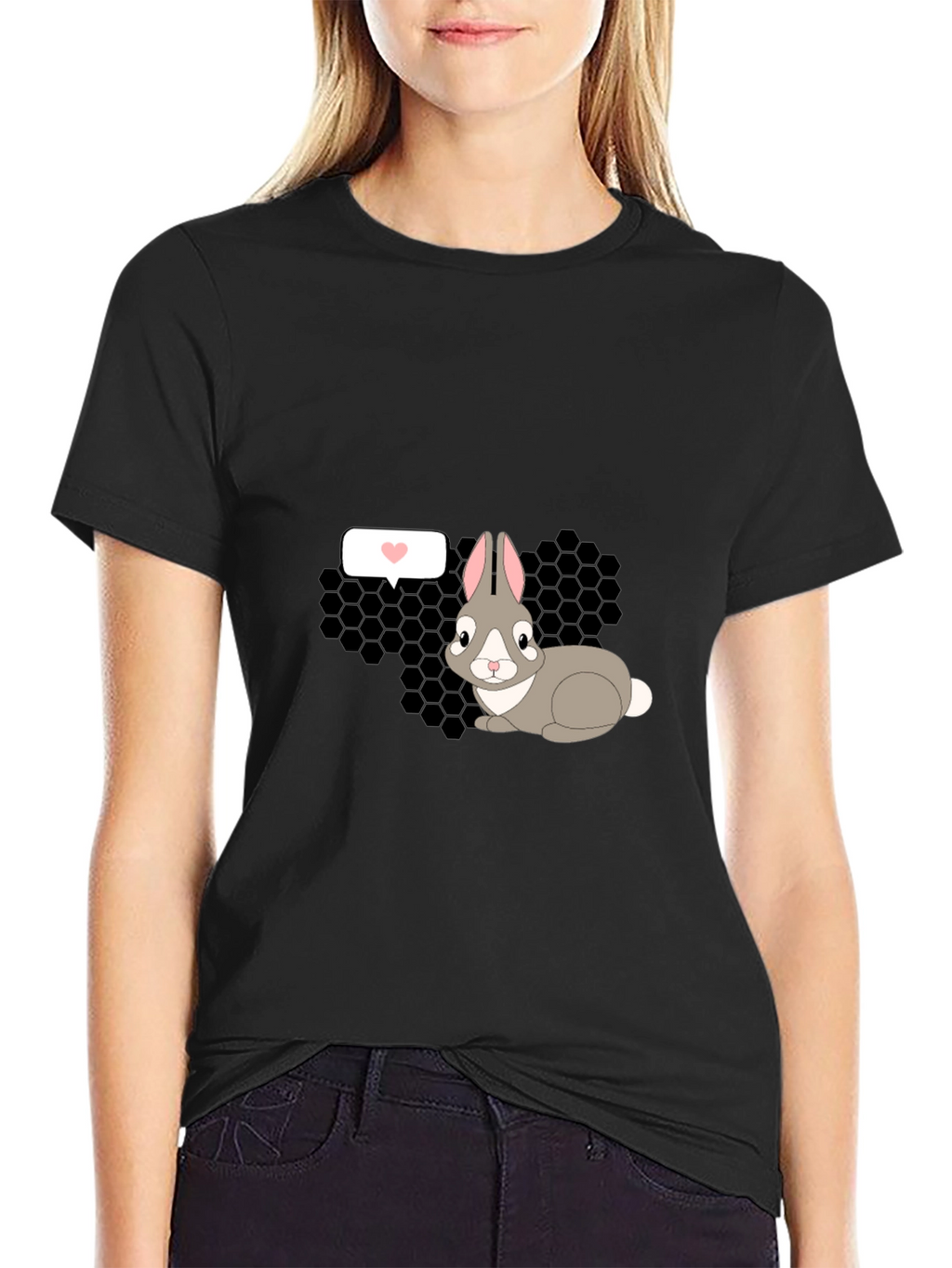 Cute Rabbit Graphic Tee - Black Casual T-Shirt