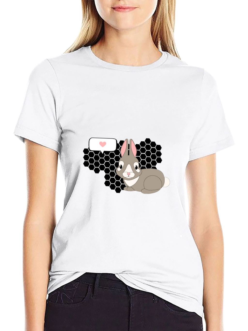Cute Rabbit Graphic Tee - Black Casual T-Shirt