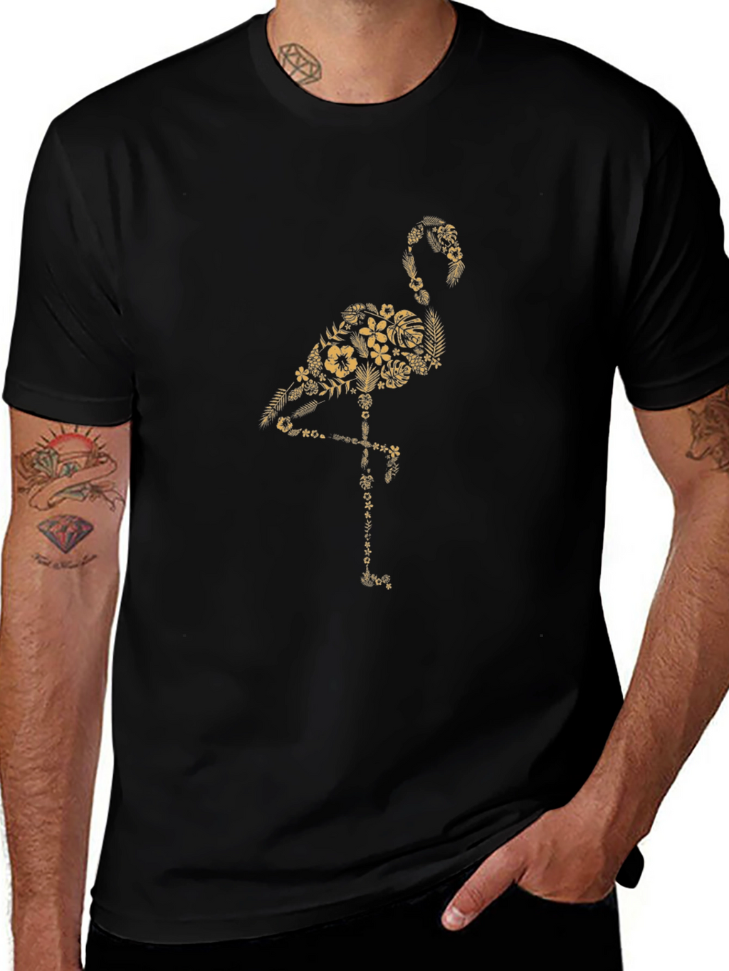 Floral Flamingo Graphic Black T-Shirt