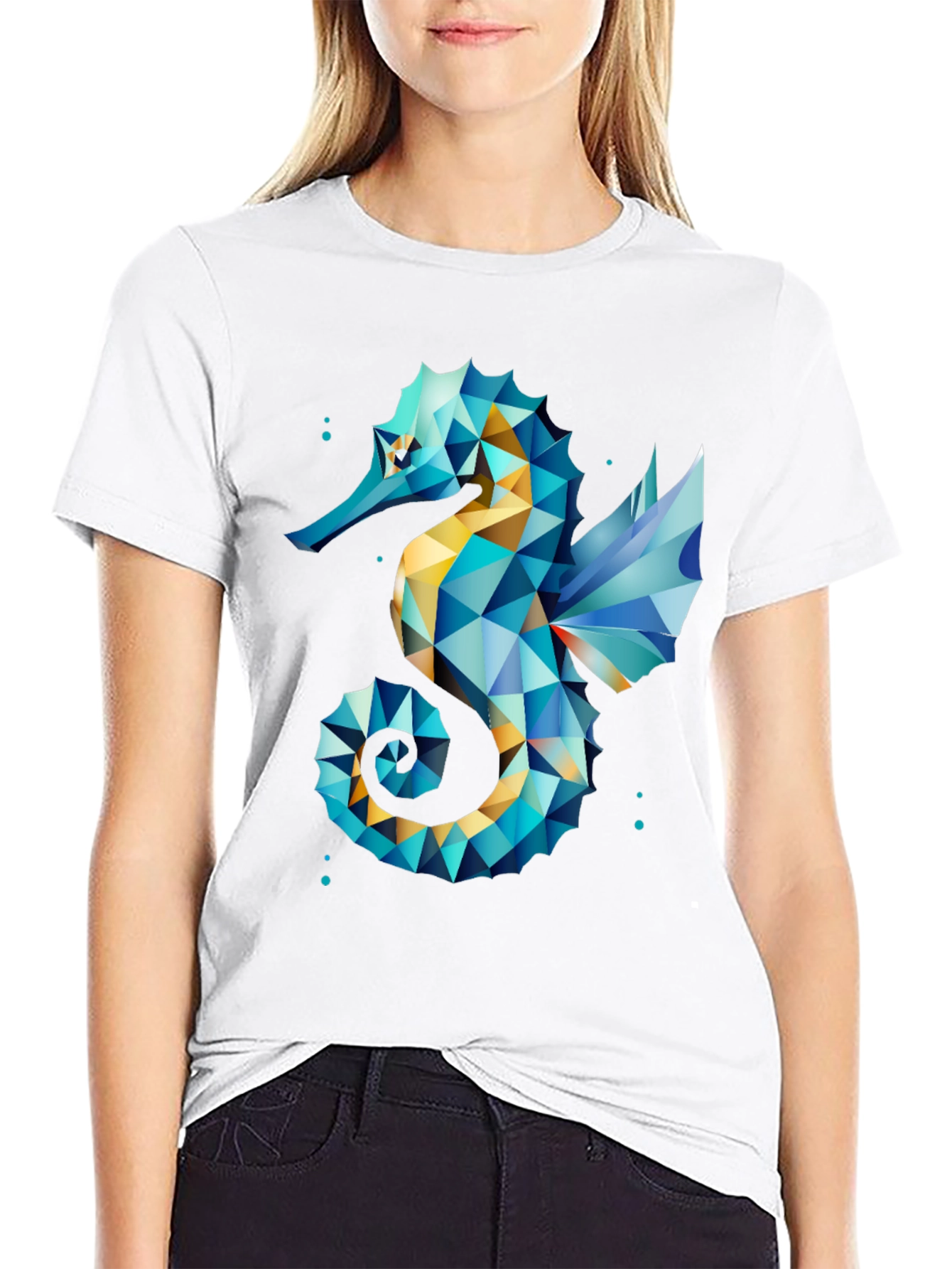 Geometric Seahorse Graphic Tee - Black