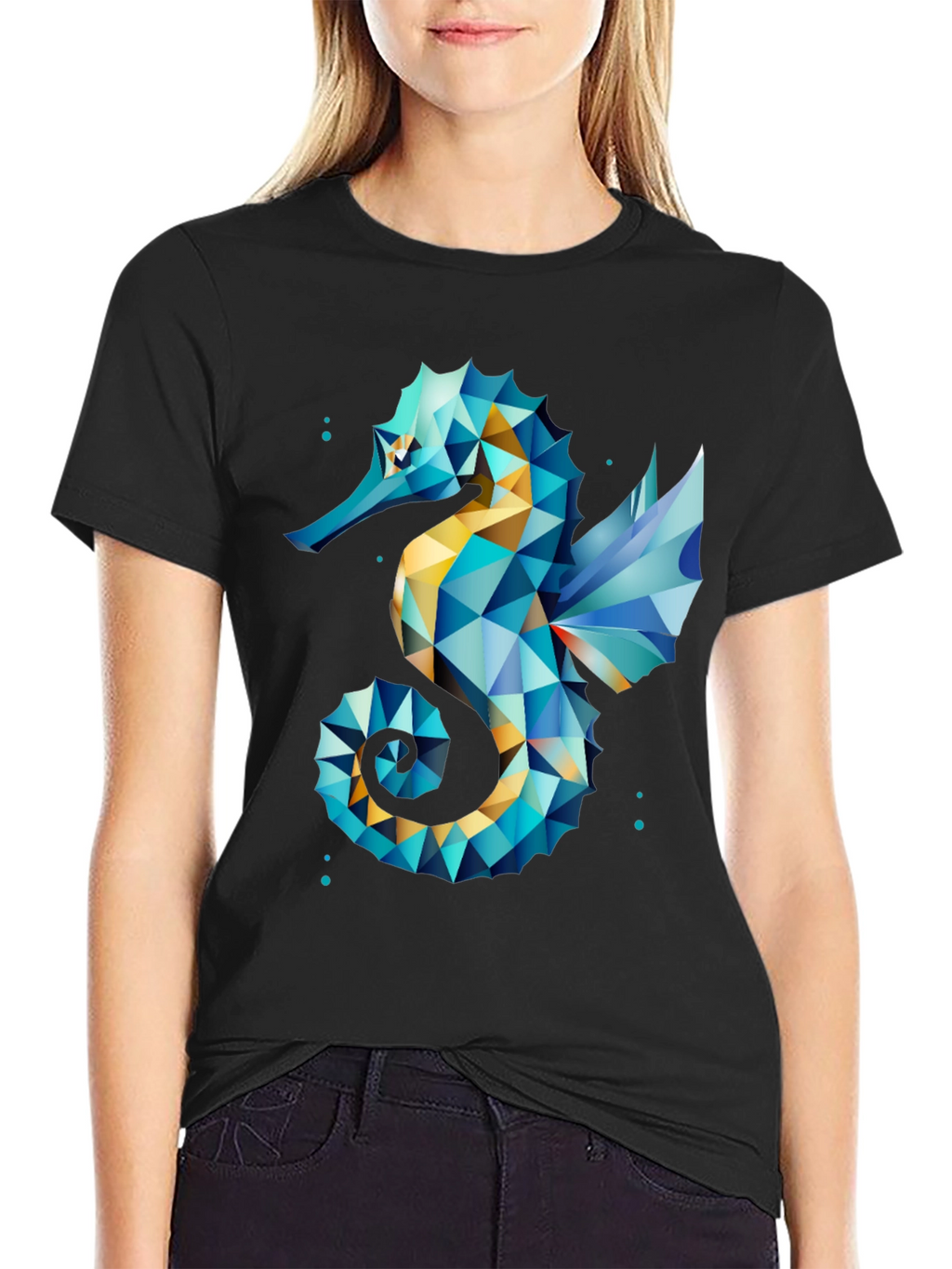 Geometric Seahorse Graphic Tee - Black