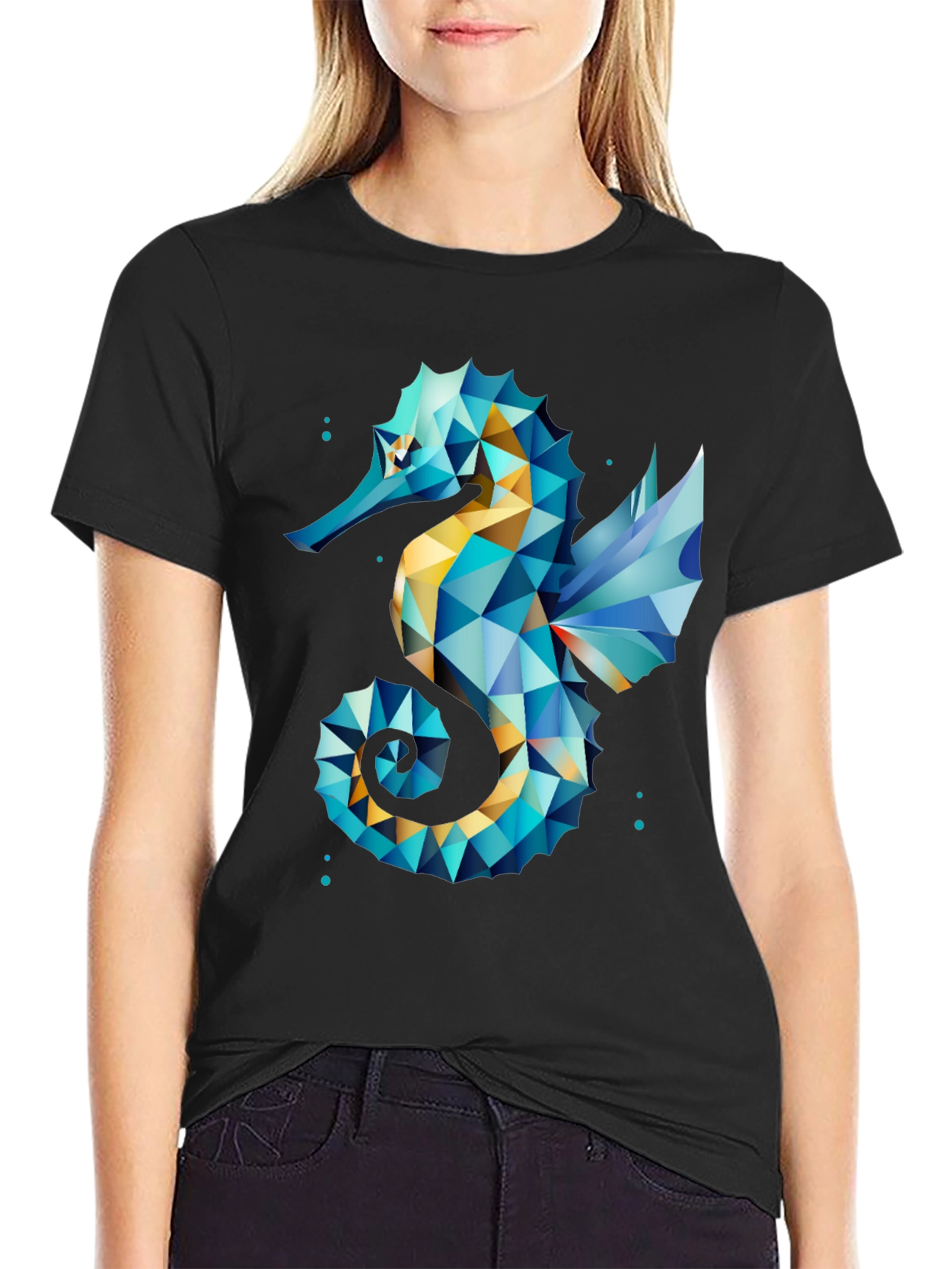 Geometric Seahorse Graphic Tee - Black