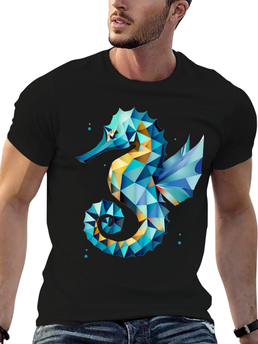 Geometric Seahorse Graphic Tee - Black