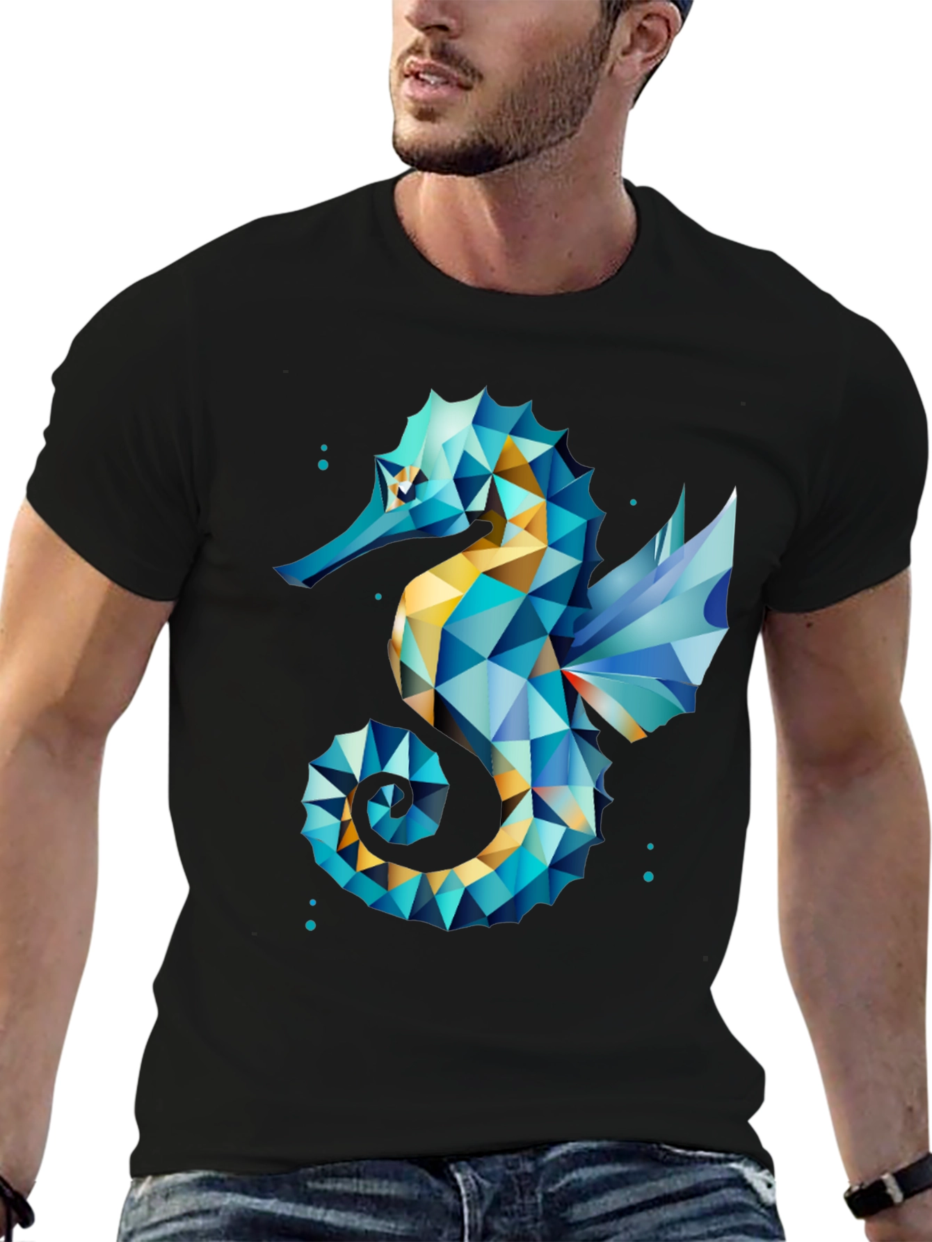 Geometric Seahorse Graphic Tee - Black