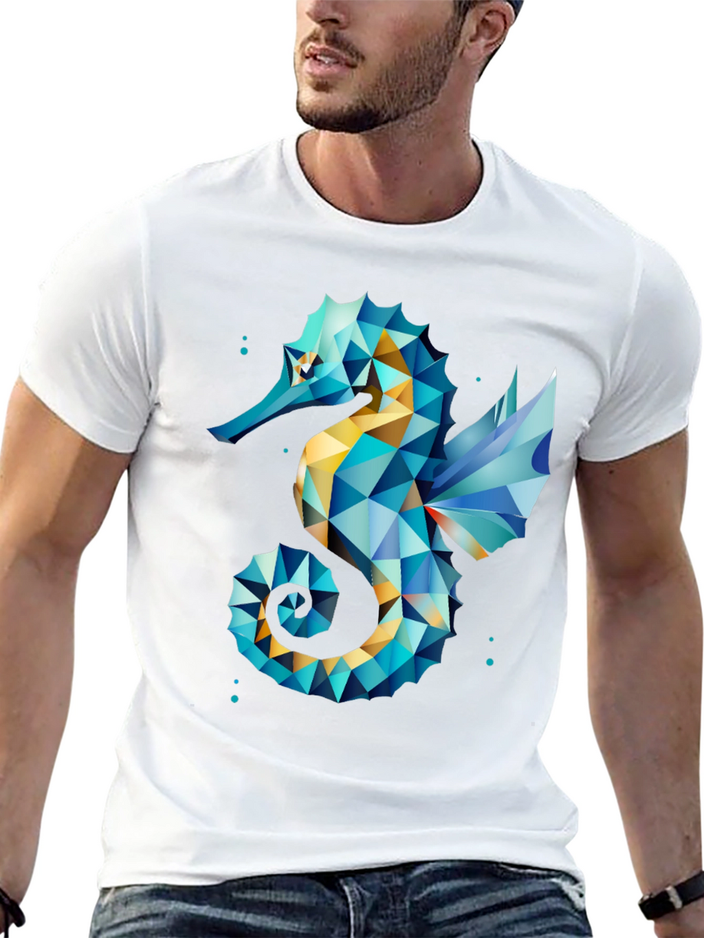 Geometric Seahorse Graphic Tee - Black