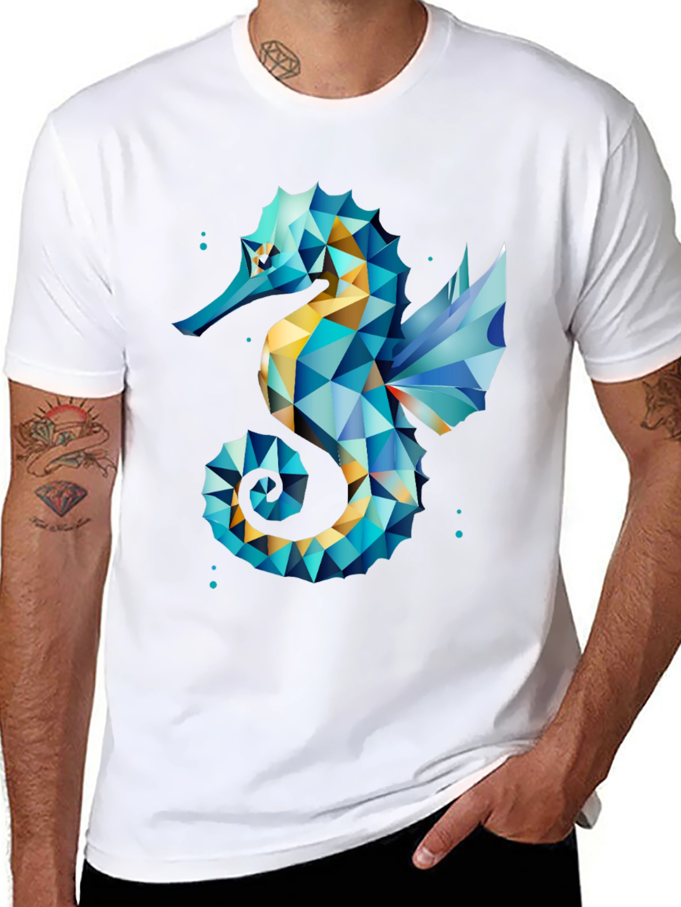 Geometric Seahorse Graphic Tee - Black