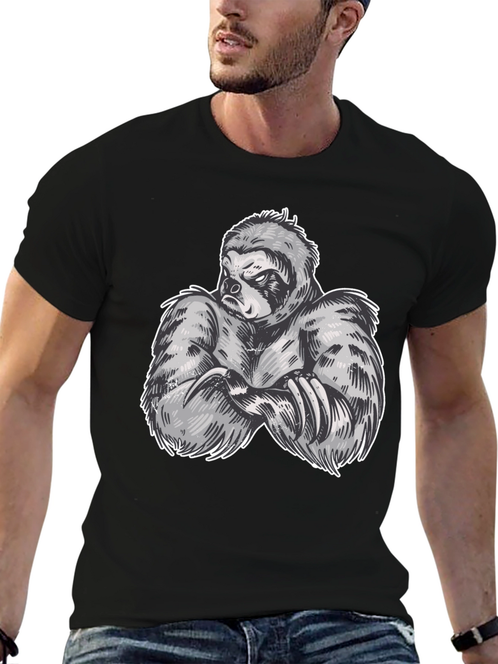 Sloth Muscle Graphic Black T-Shirt