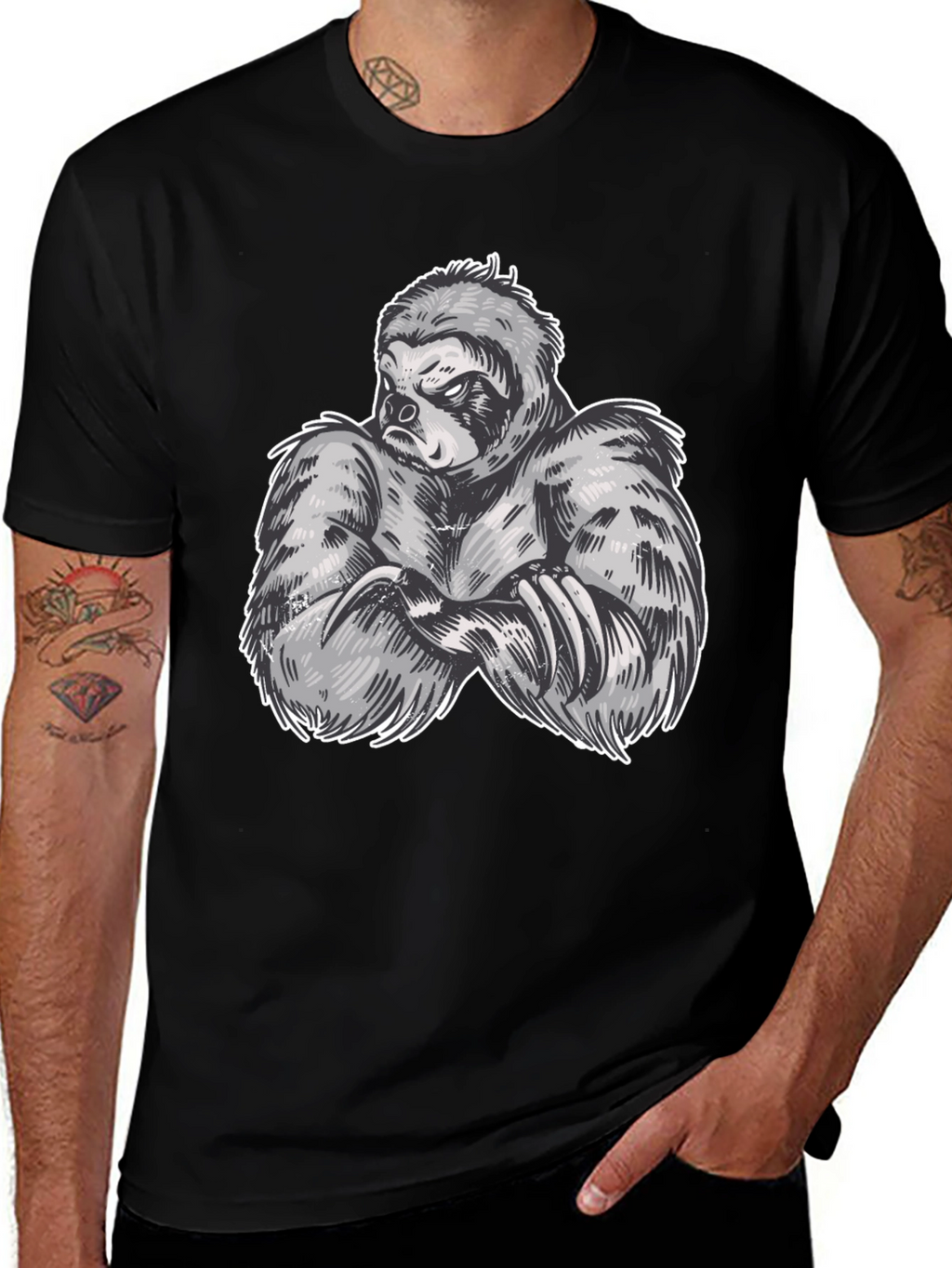 Sloth Muscle Graphic Black T-Shirt