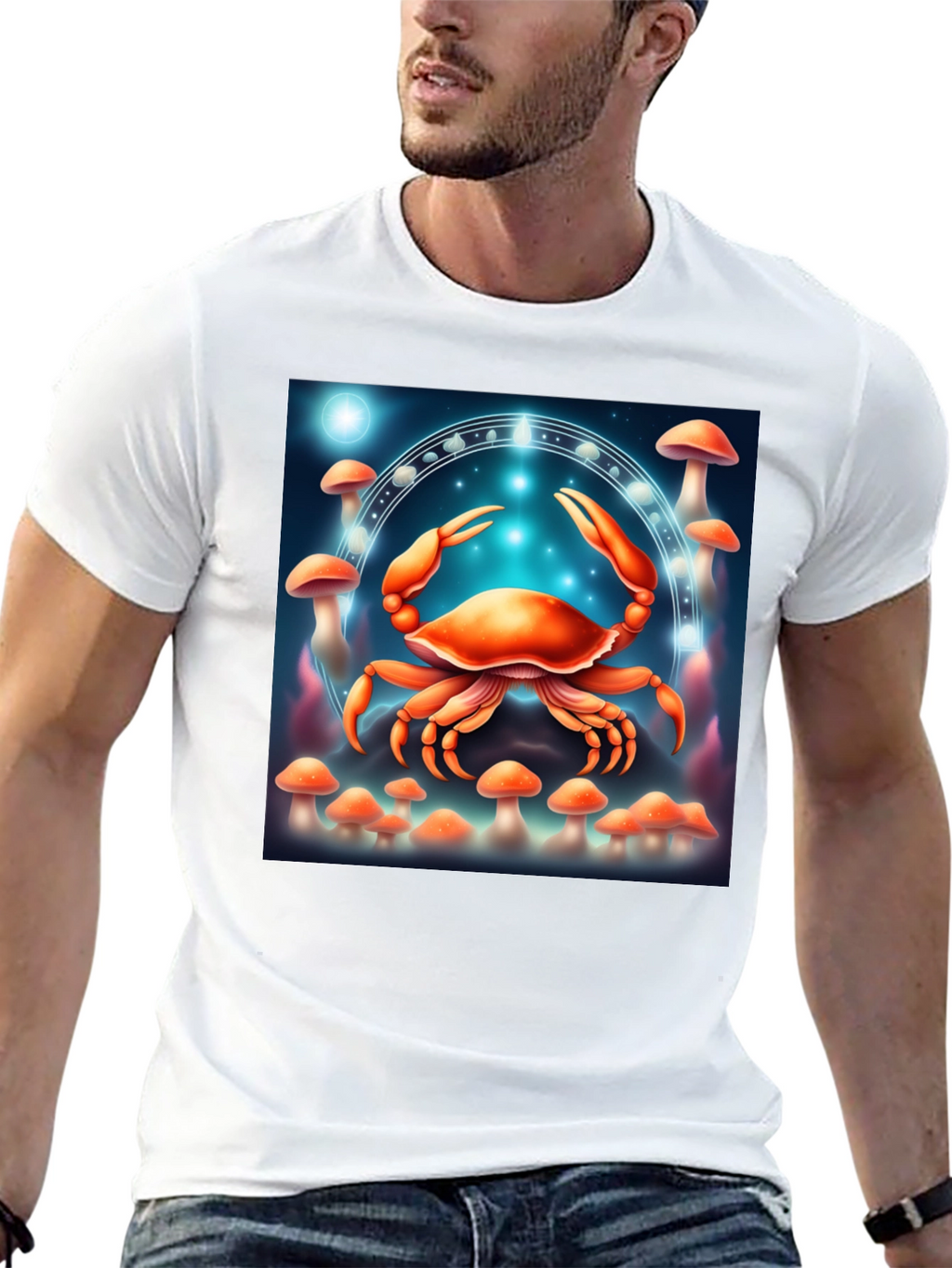 Cancer Zodiac T-Shirt: Crab & Mushroom Design