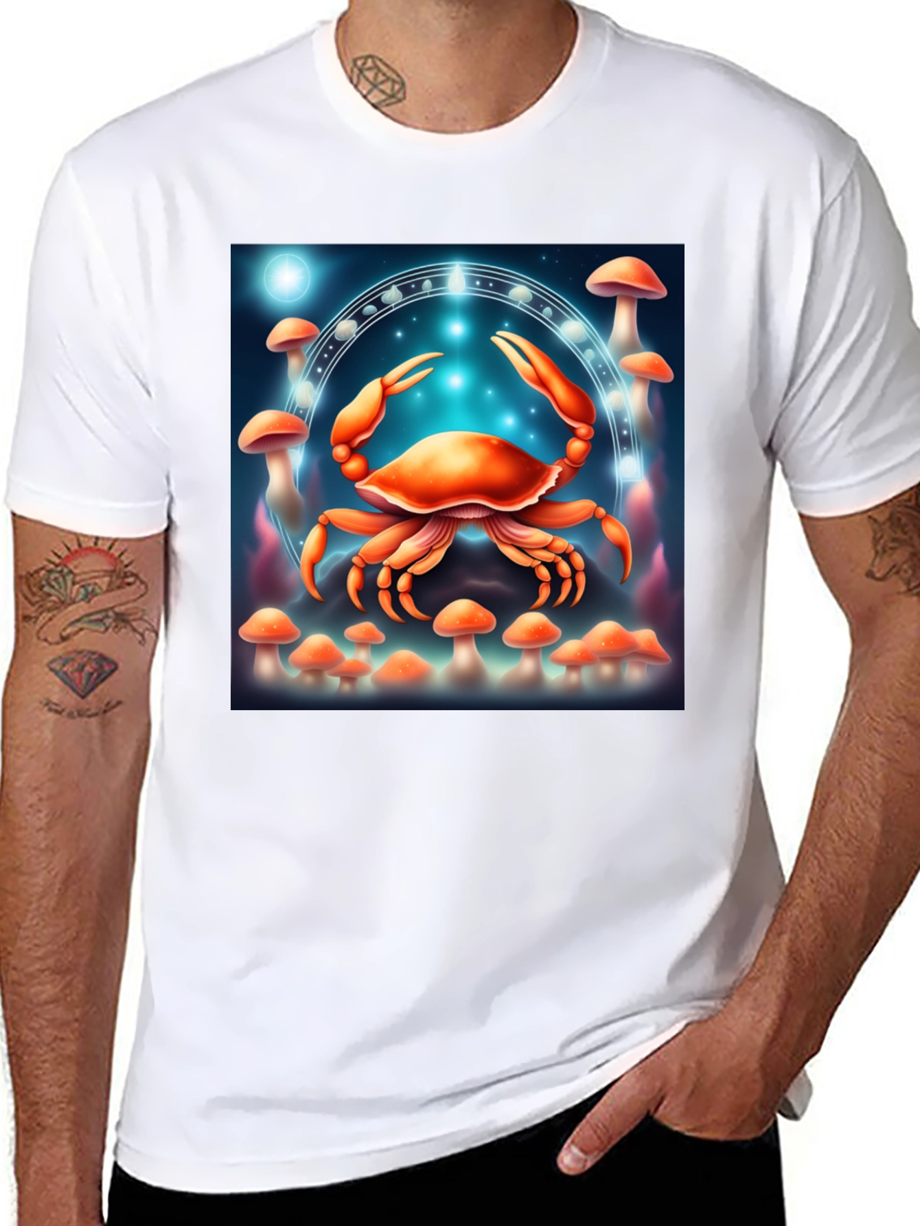 Cancer Zodiac T-Shirt: Crab & Mushroom Design