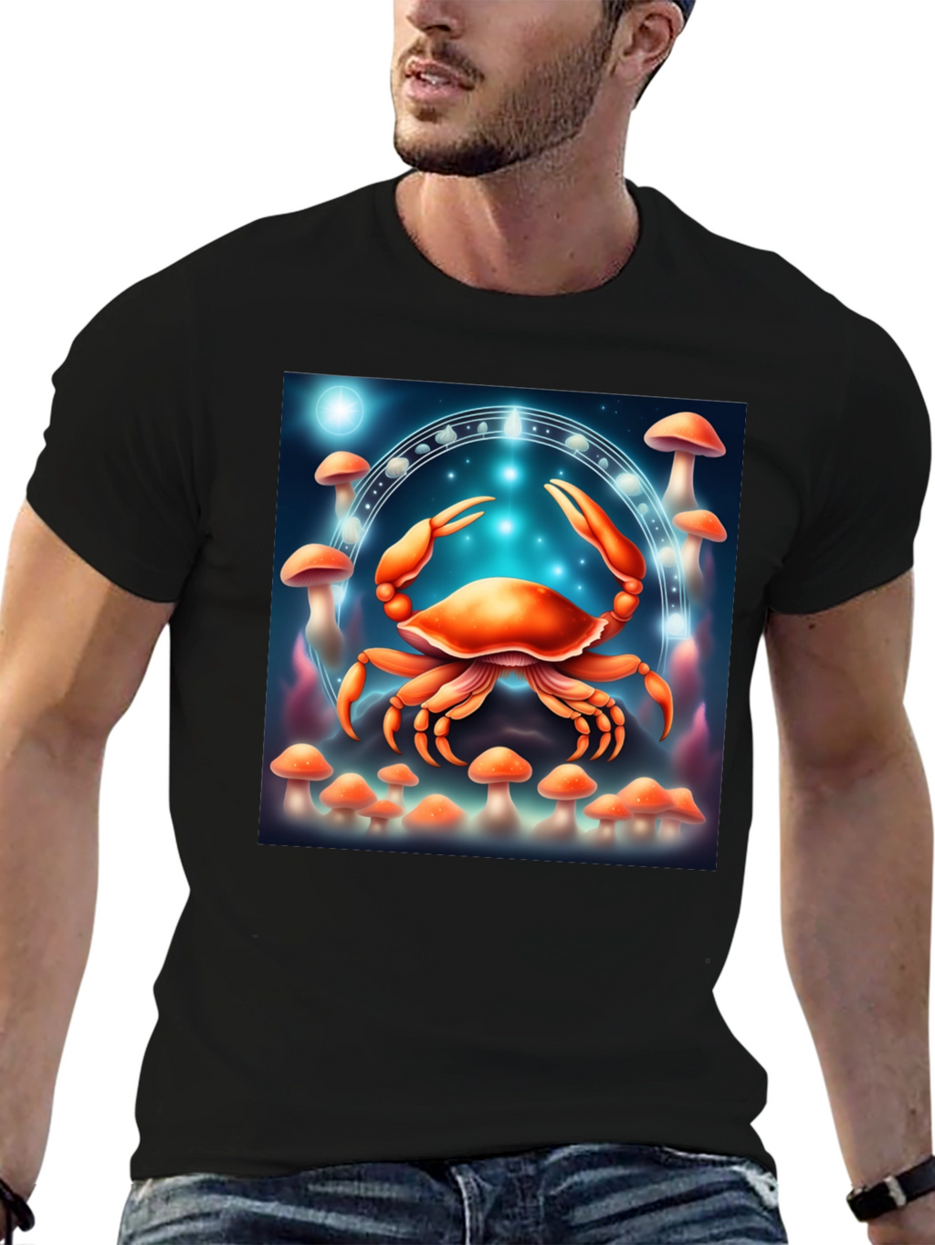 Cancer Zodiac T-Shirt: Crab & Mushroom Design