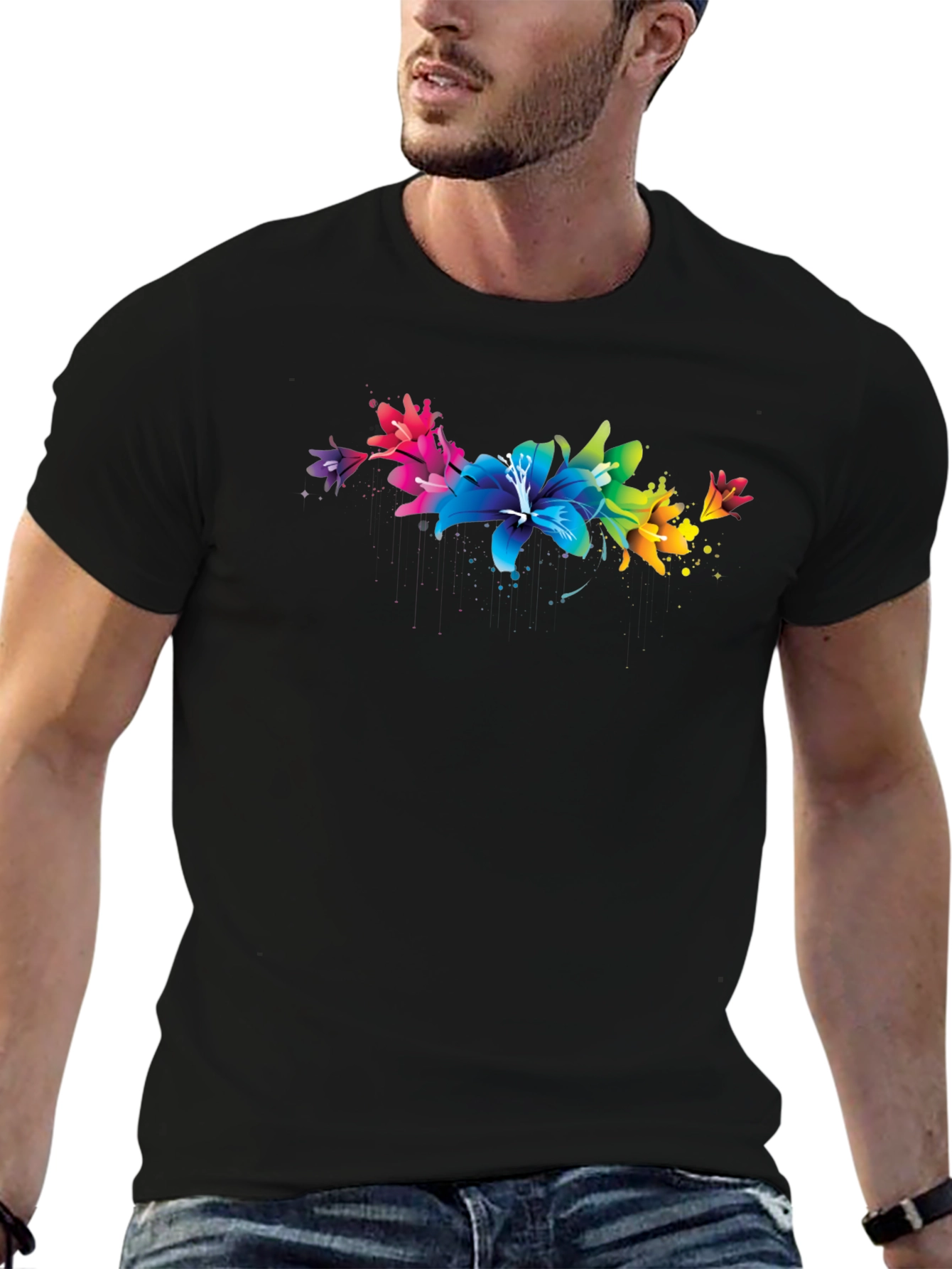 Rainbow Lily Graphic Print Black T-Shirt