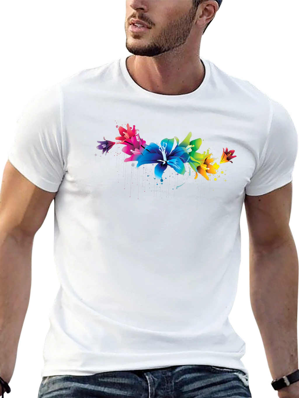 Rainbow Lily Graphic Print Black T-Shirt