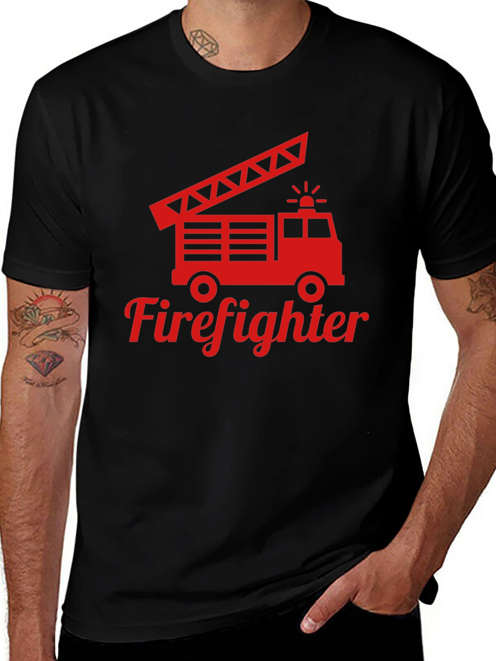 Firefighter Truck Graphic Tee - Red Print on Black