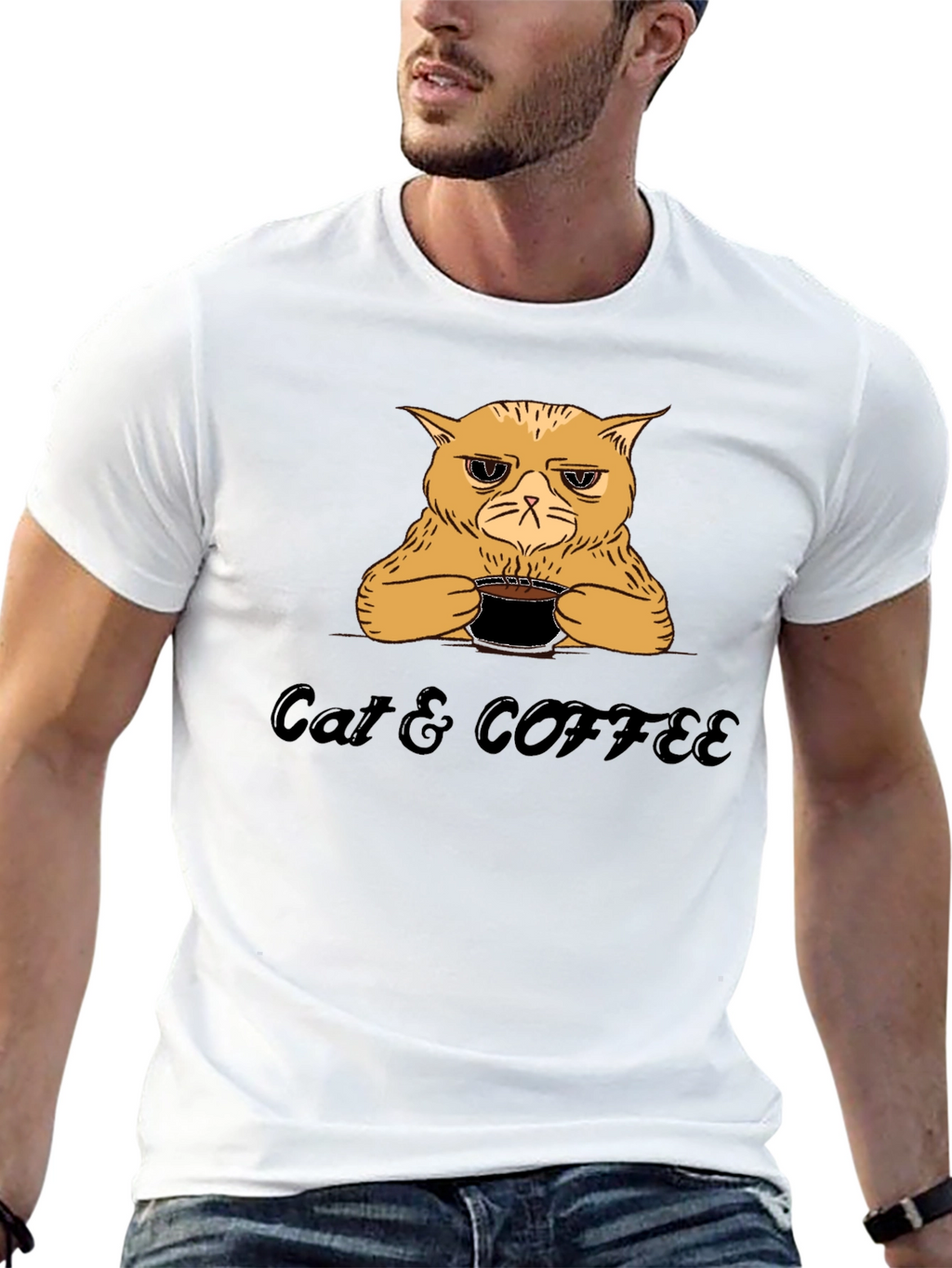 Cat & Coffee Graphic T-Shirt - Funny Novelty Tee