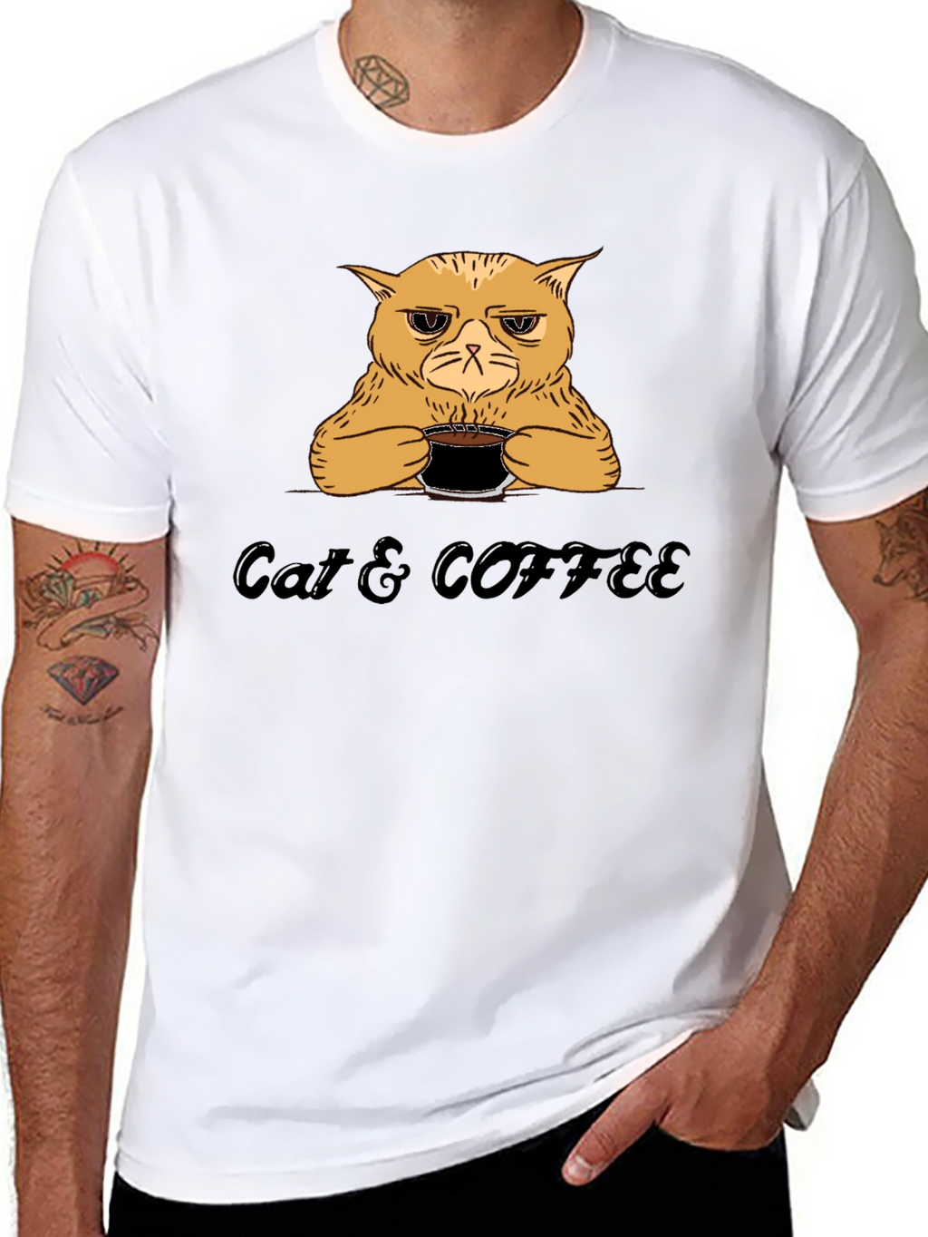 Cat & Coffee Graphic T-Shirt - Funny Novelty Tee