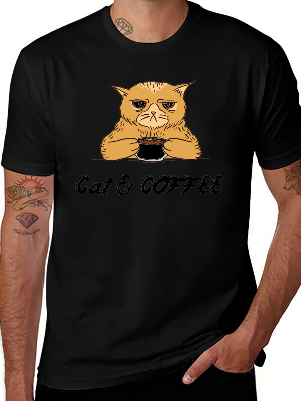 Cat & Coffee Graphic T-Shirt - Funny Novelty Tee