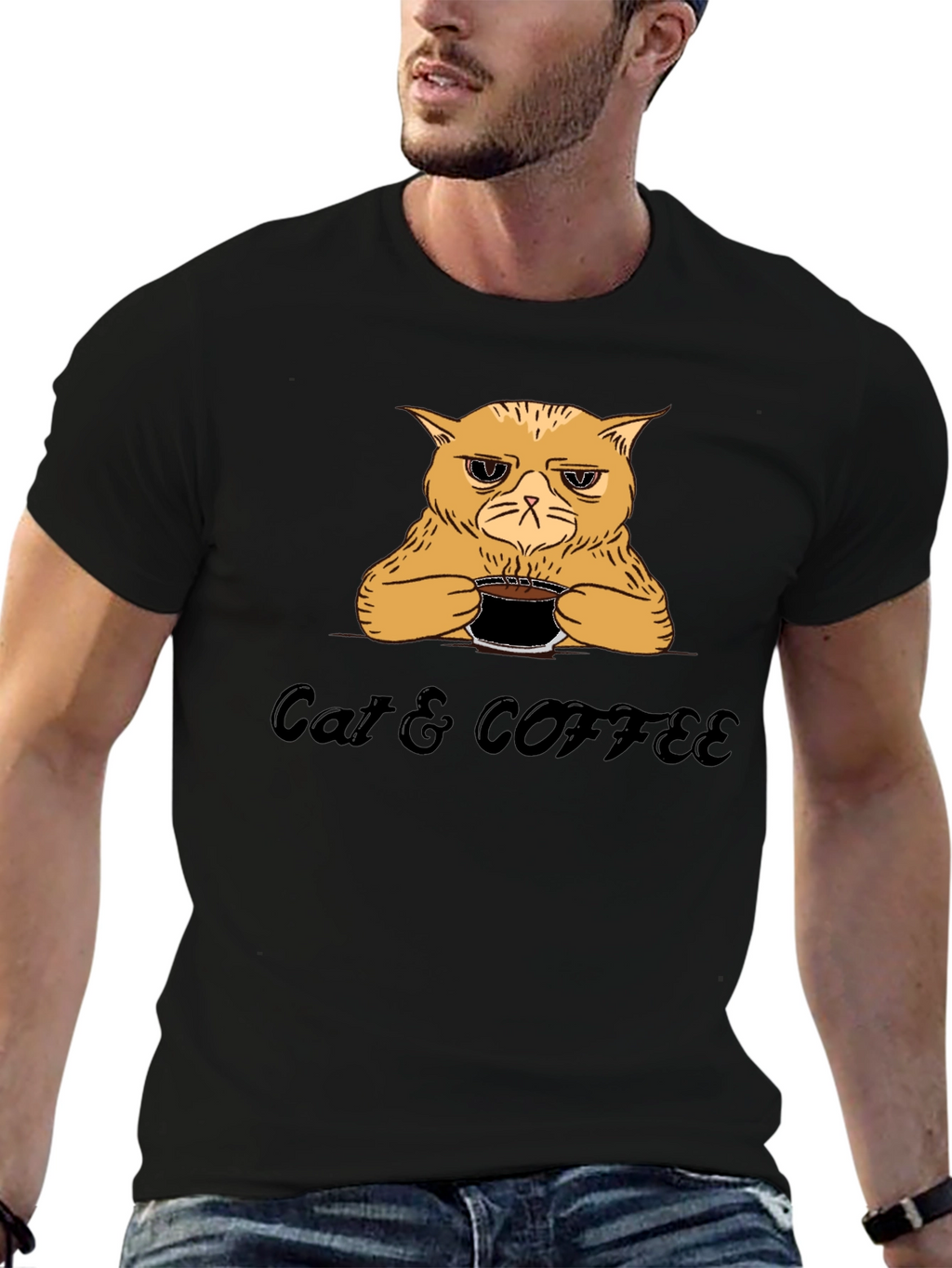Cat & Coffee Graphic T-Shirt - Funny Novelty Tee