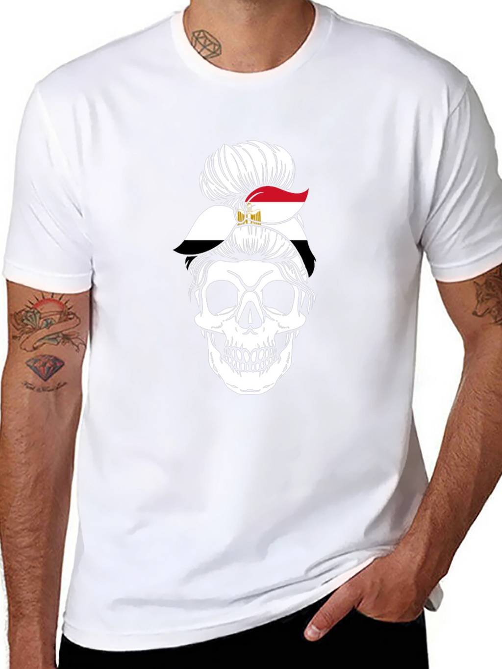 Egypt Flag Skull Messy Bun T-Shirt