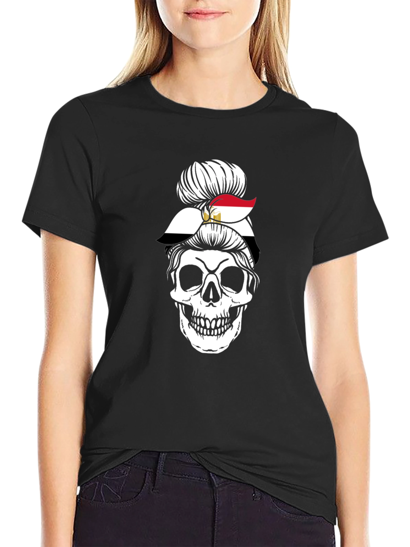 Egypt Flag Skull Messy Bun T-Shirt